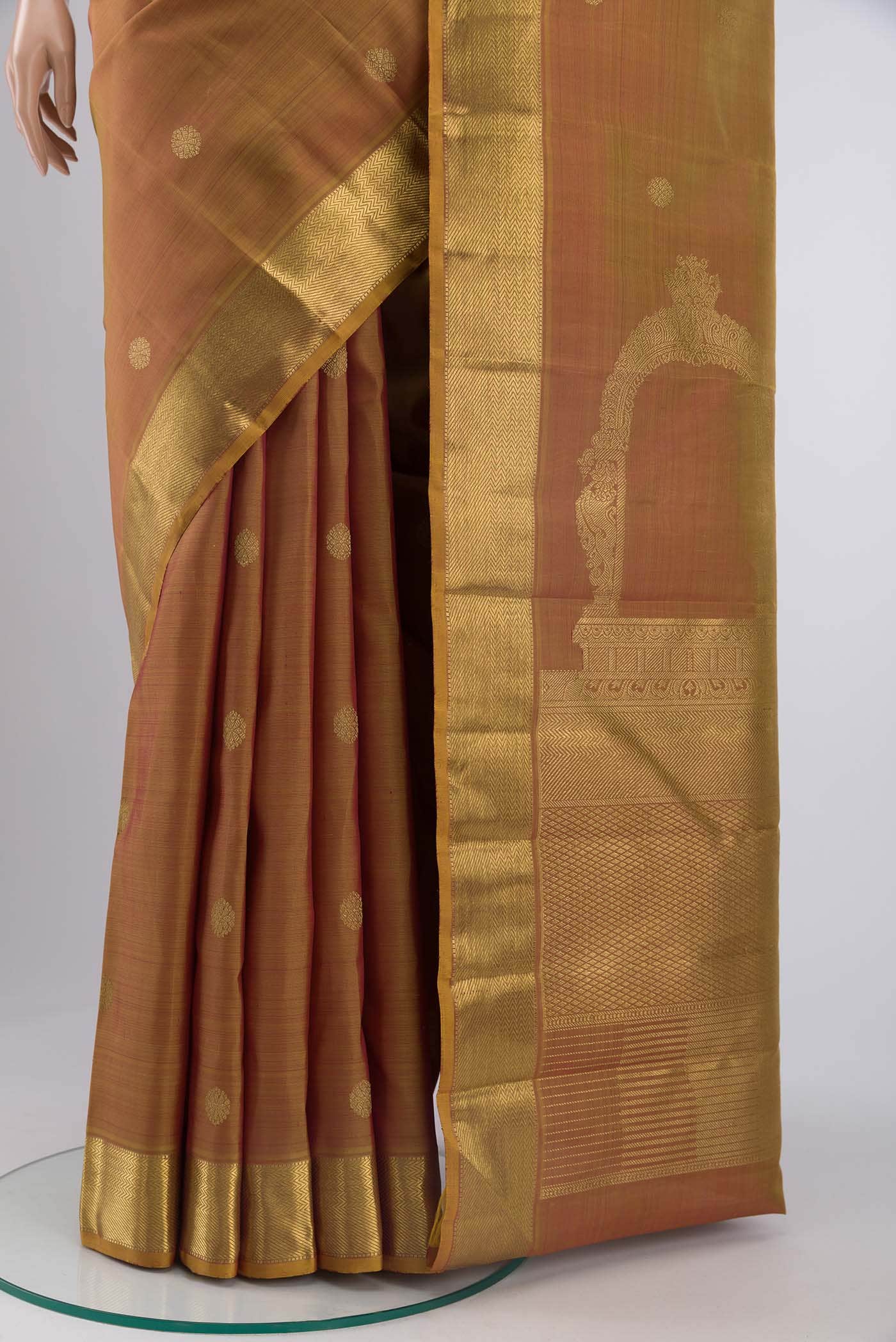 Thiruvakshi-Pure Silk Pure Gold Zari Yellow with Red Dual Tone Kanchipuram Saree