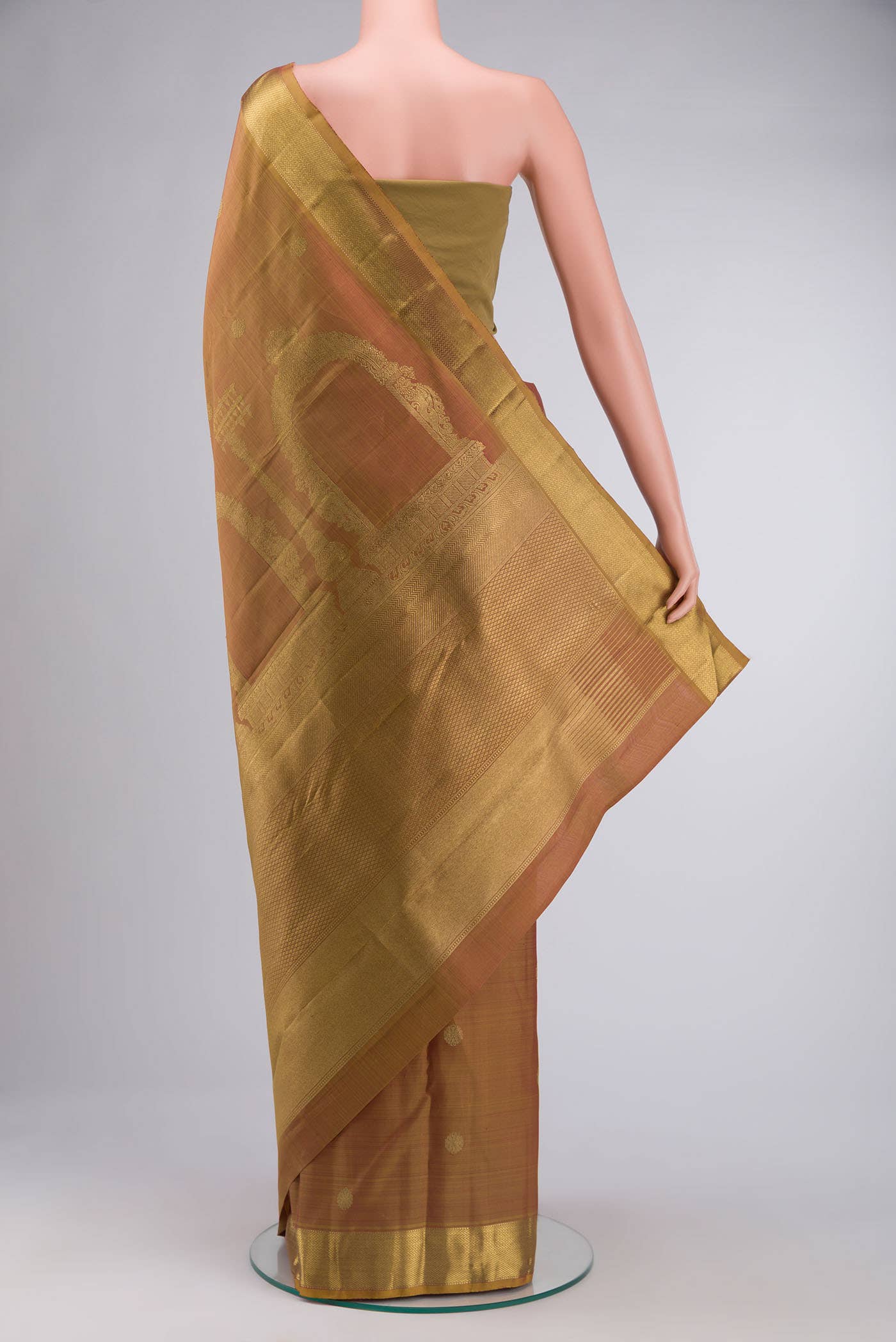 Thiruvakshi-Pure Silk Pure Gold Zari Yellow with Red Dual Tone Kanchipuram Saree