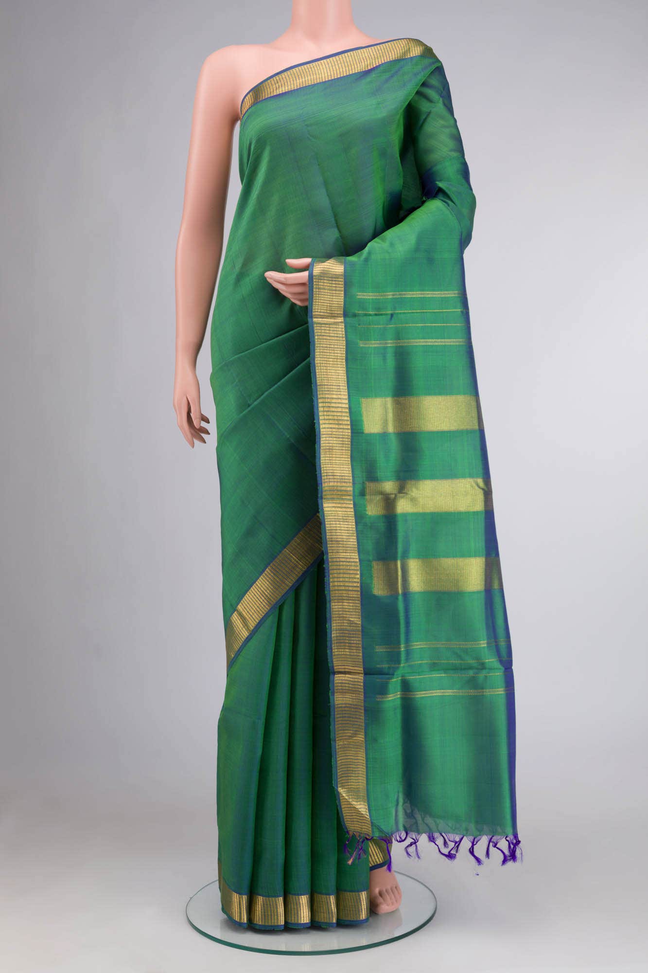 Green Blue Dual Tone Kanchipuram Silk Nine Yards Saree