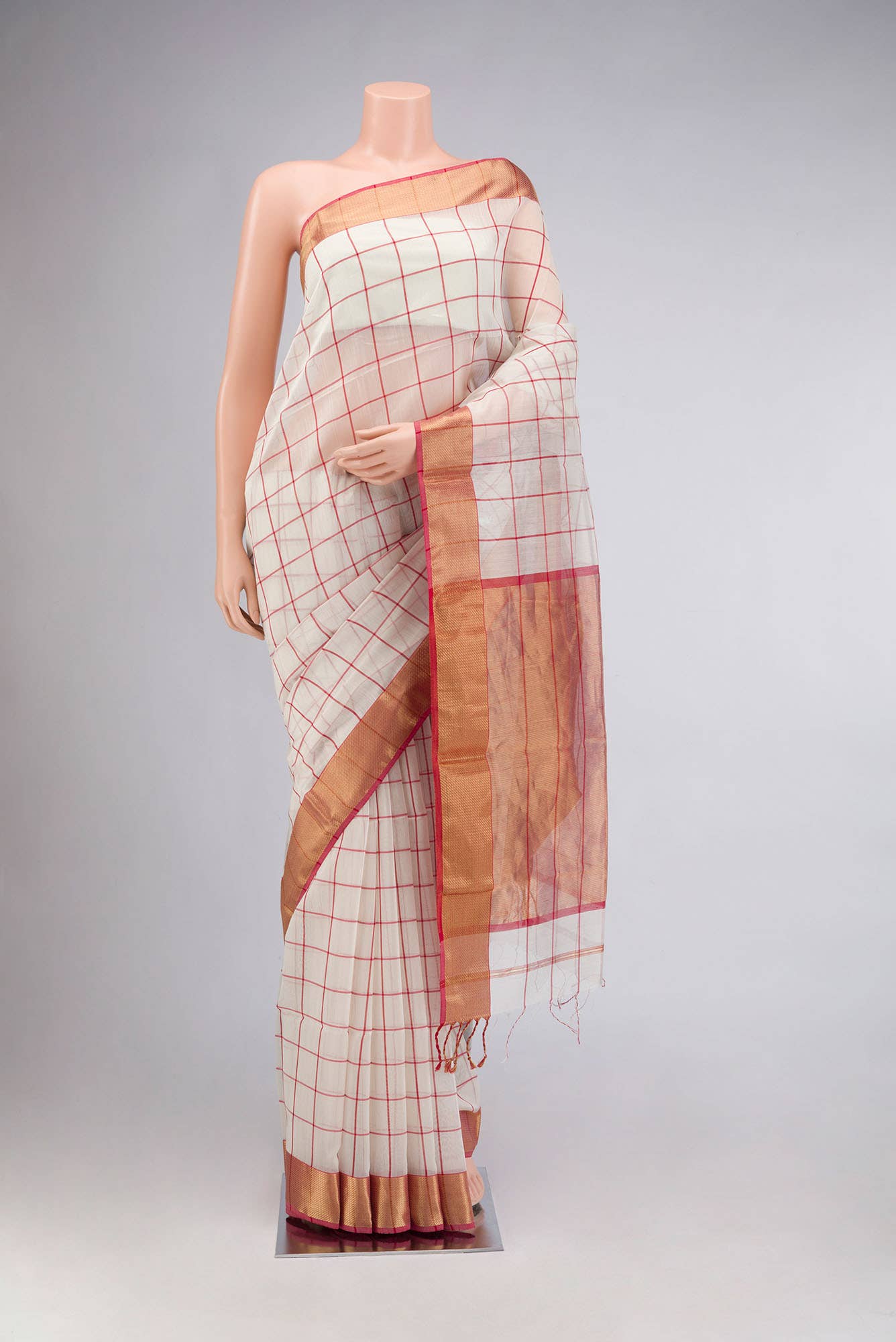 White Maheshwari Silk Cotton Saree