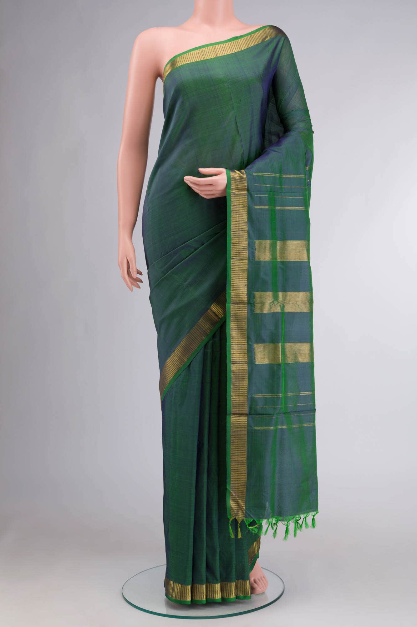 Green Blue Dual Tone Kanchipuram Silk Nine Yards Saree