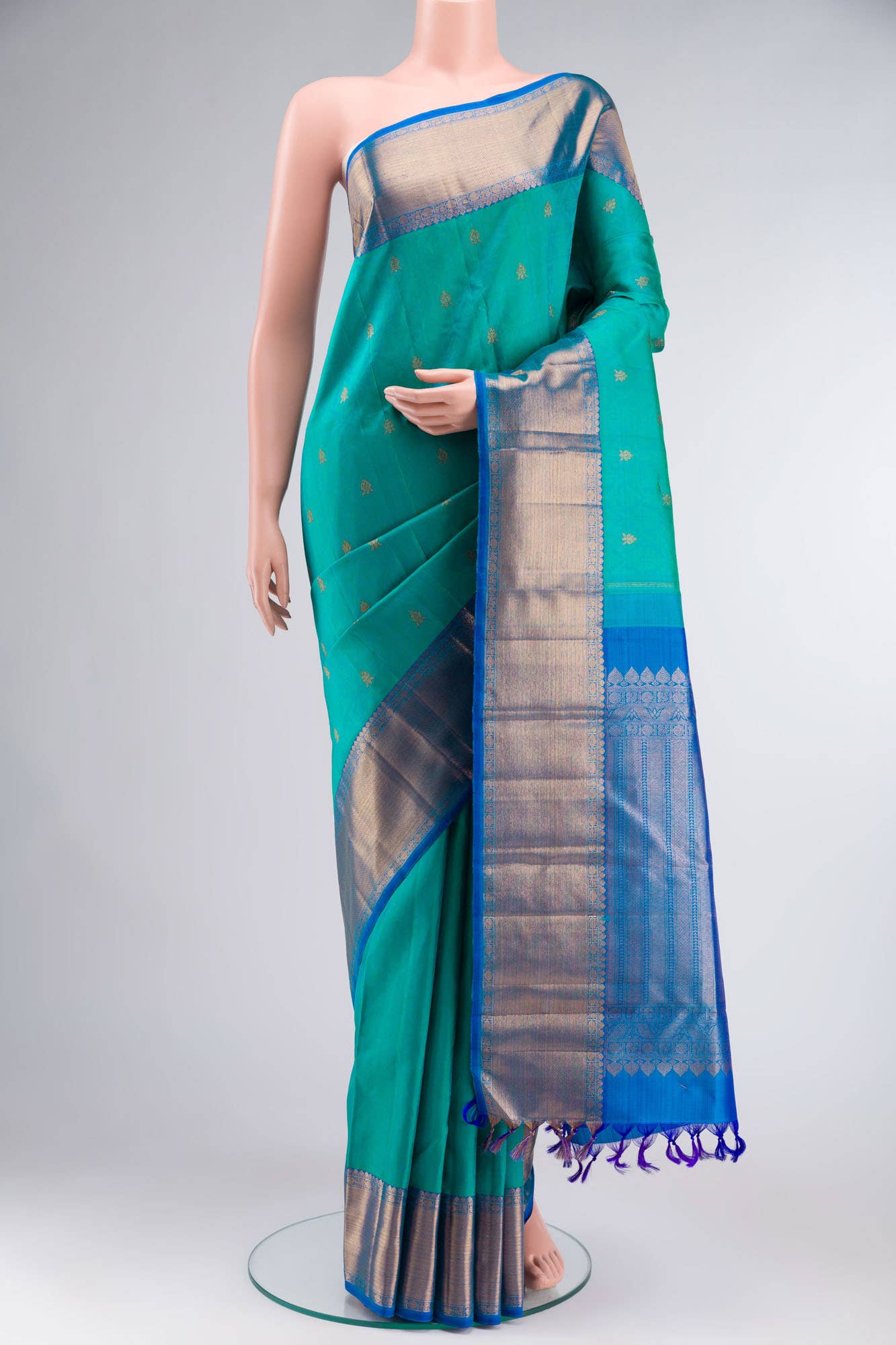 Pure Silk Pure Zari Green with Blue Dual Tone Kanchipuram Saree