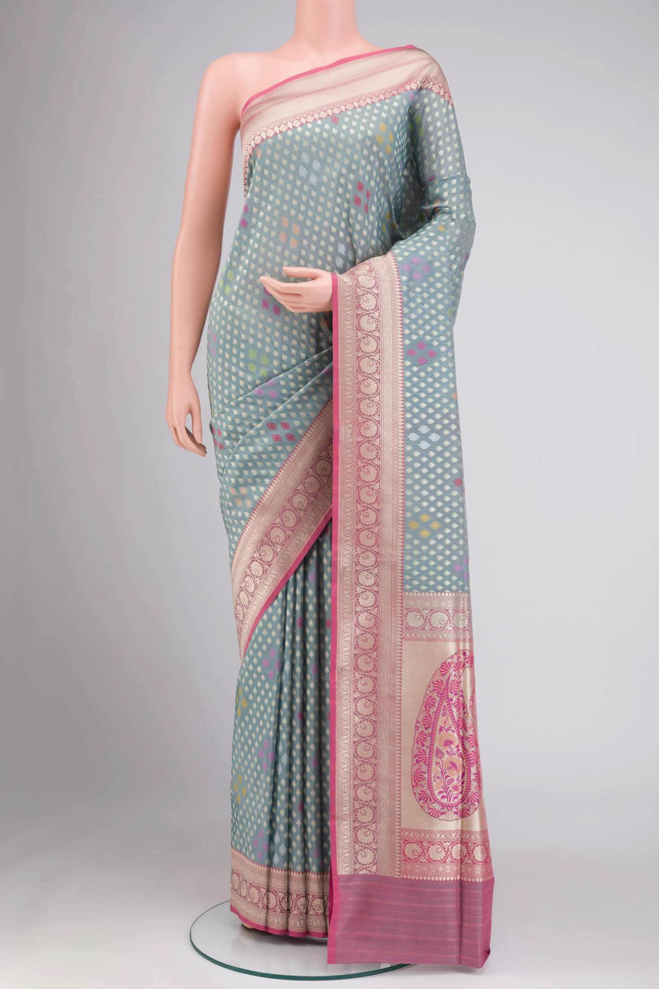 Blue Grey Banarasi Silk Saree