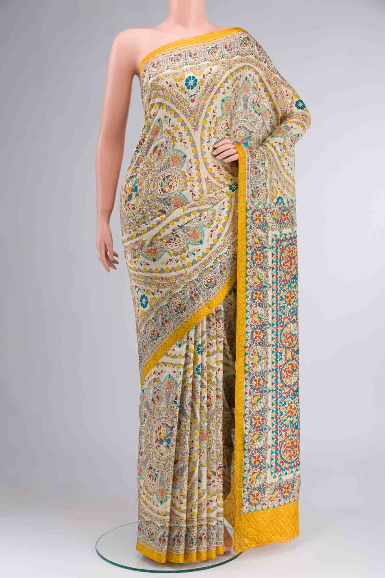 Beige Printed Silk Saree