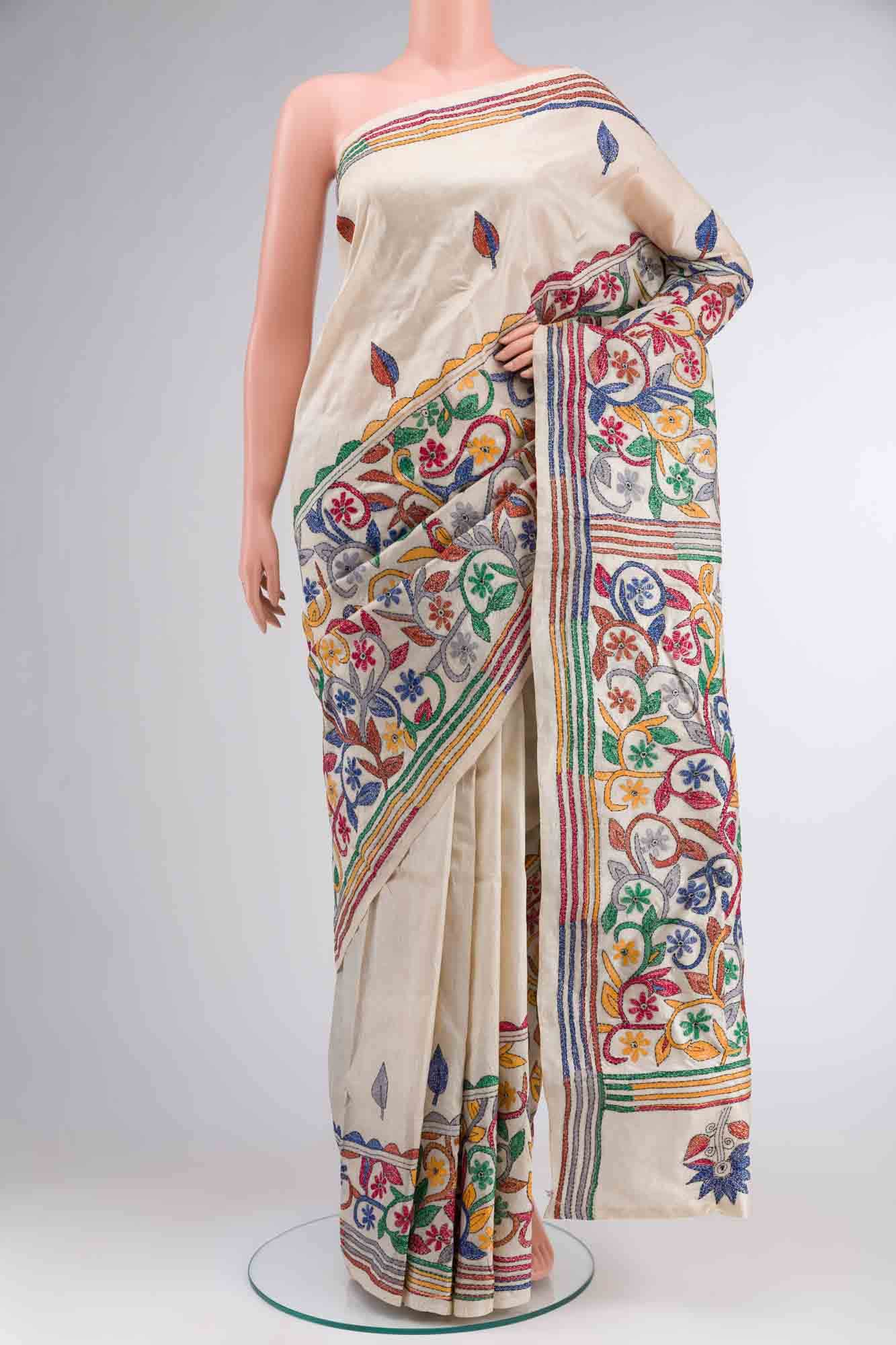 Cream Tussar Silk Saree