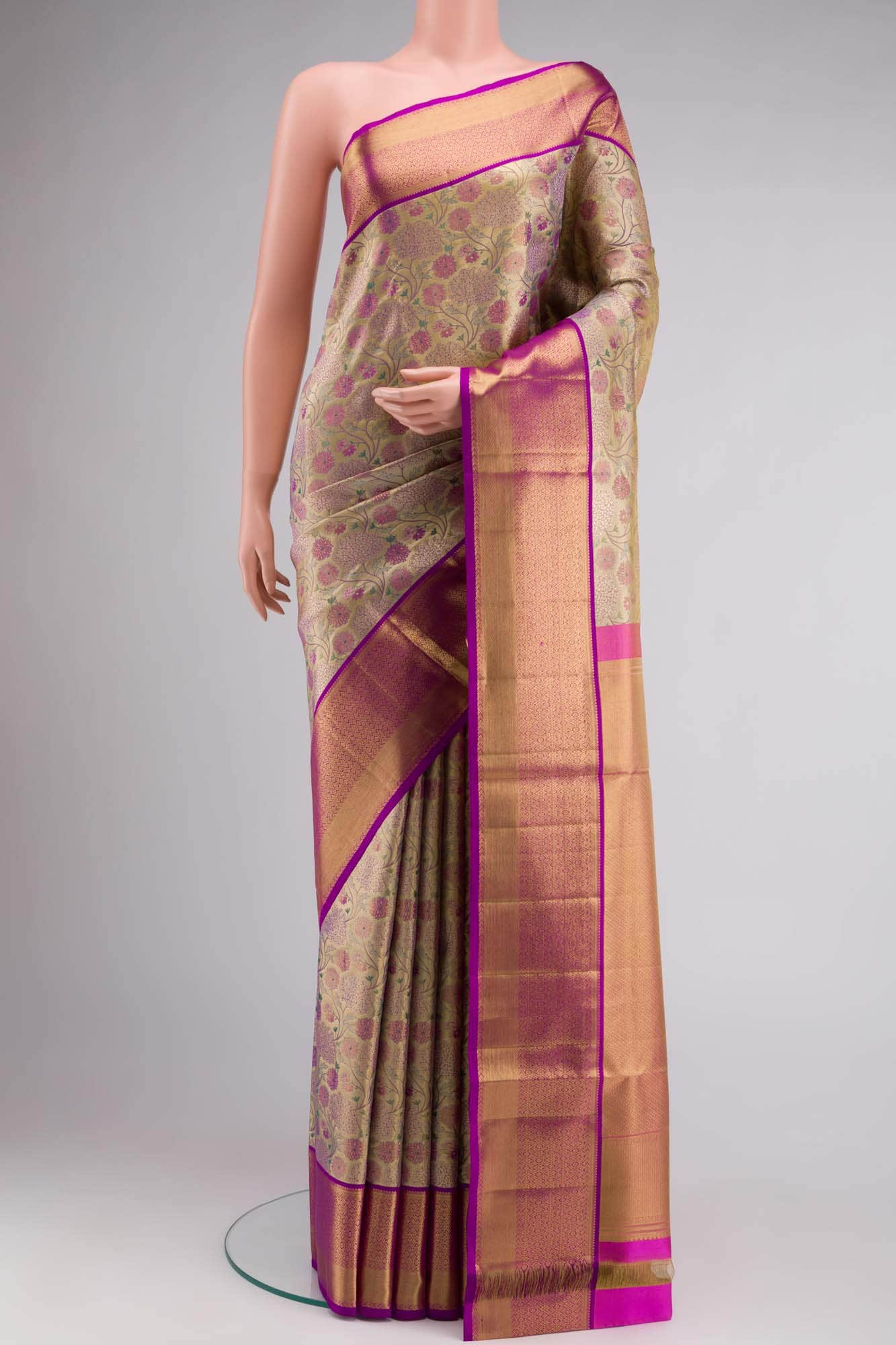 Gold with Pink Dual Tone Kanchipuram Tissue Silk Saree