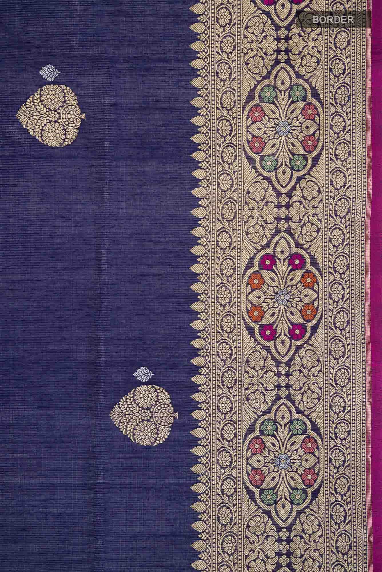 Navy Blue Banarasi Kora Silk Saree
