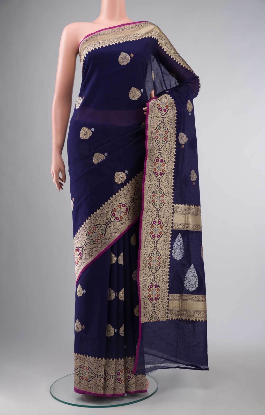 Navy Blue Banarasi Kora Silk Saree