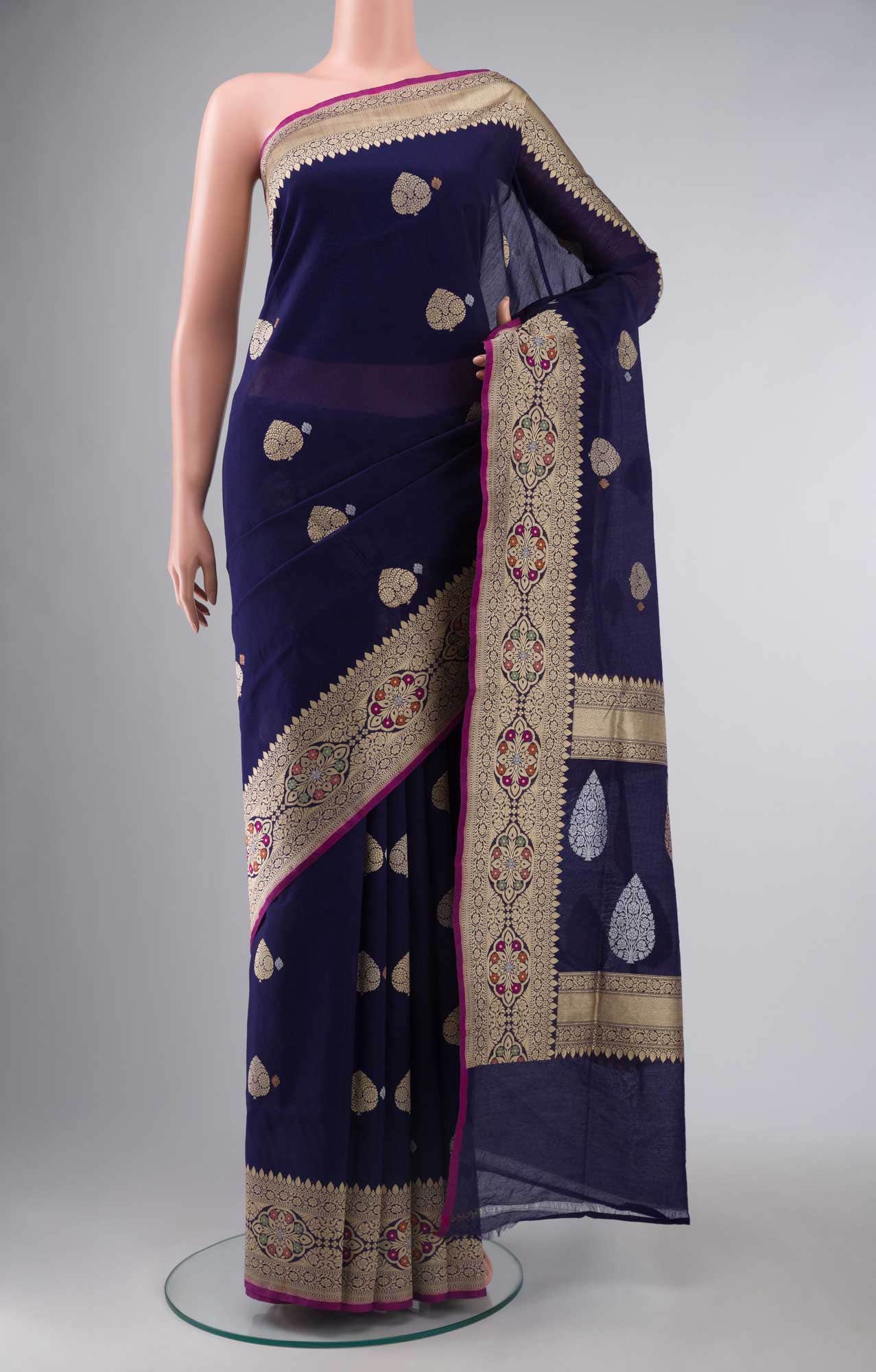 Navy Blue Banarasi Kora Silk Saree