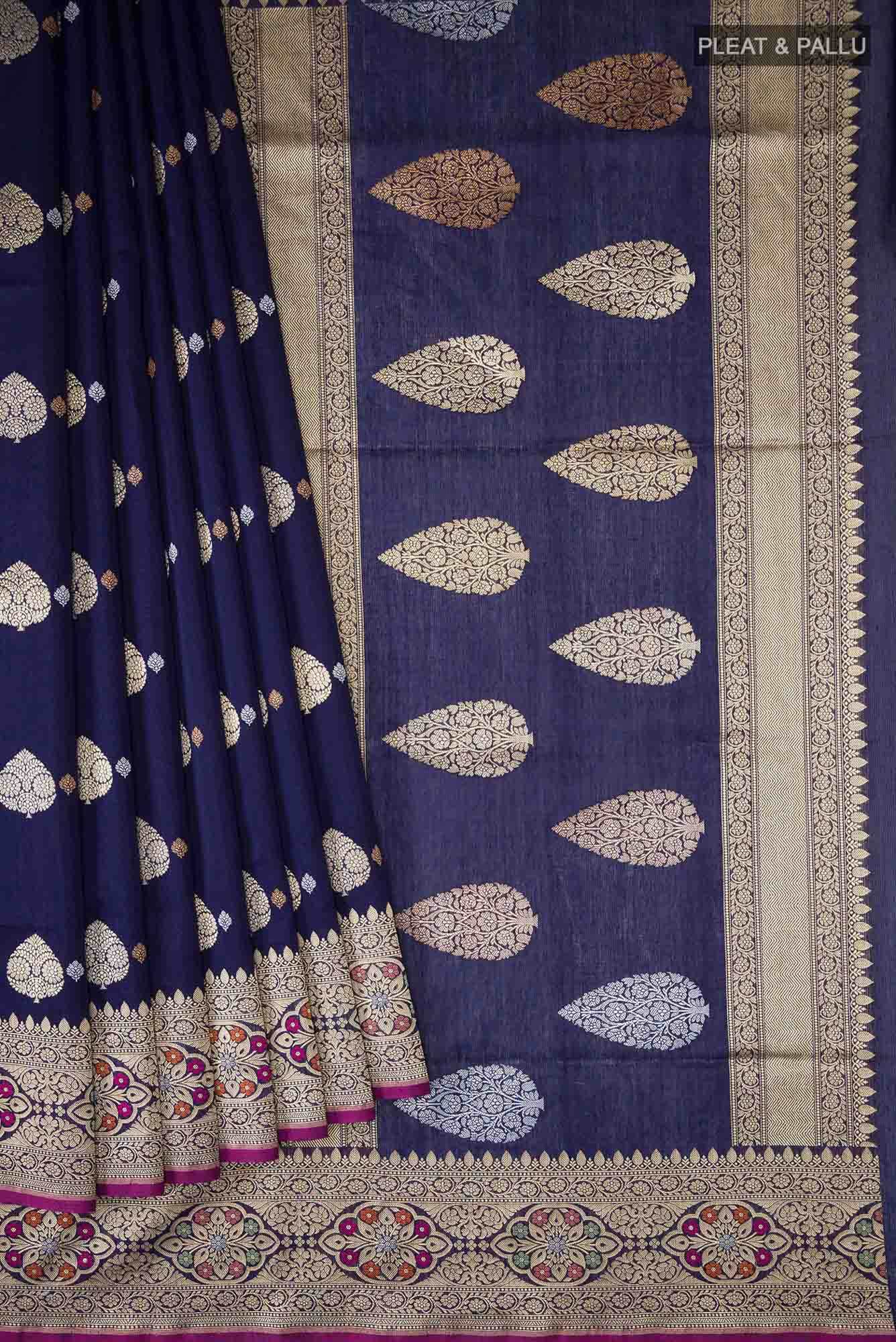 Navy Blue Banarasi Kora Silk Saree
