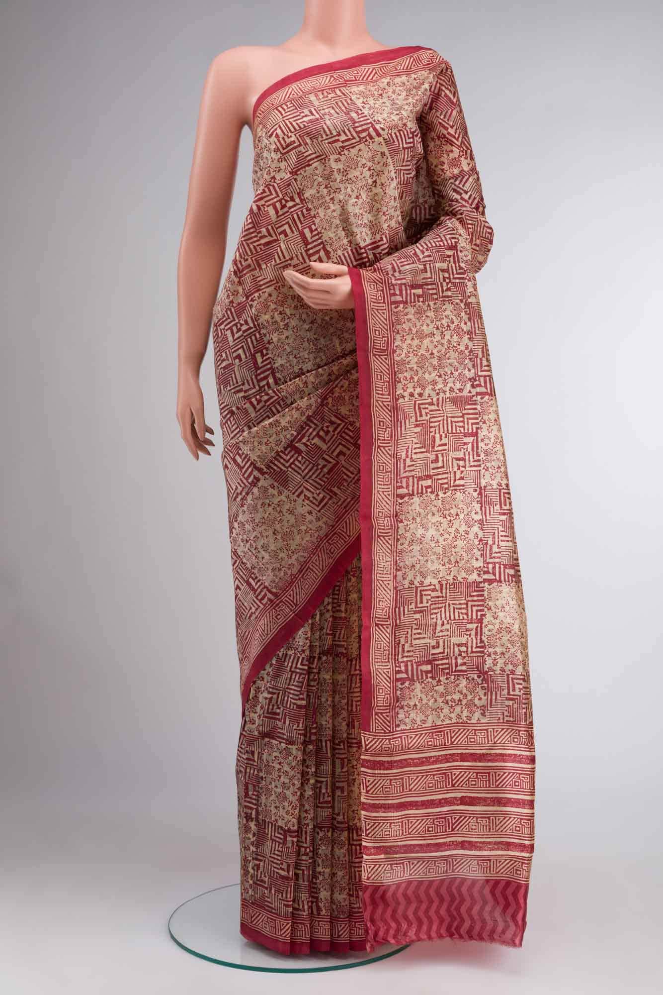 Cream Printed Silk Saree
