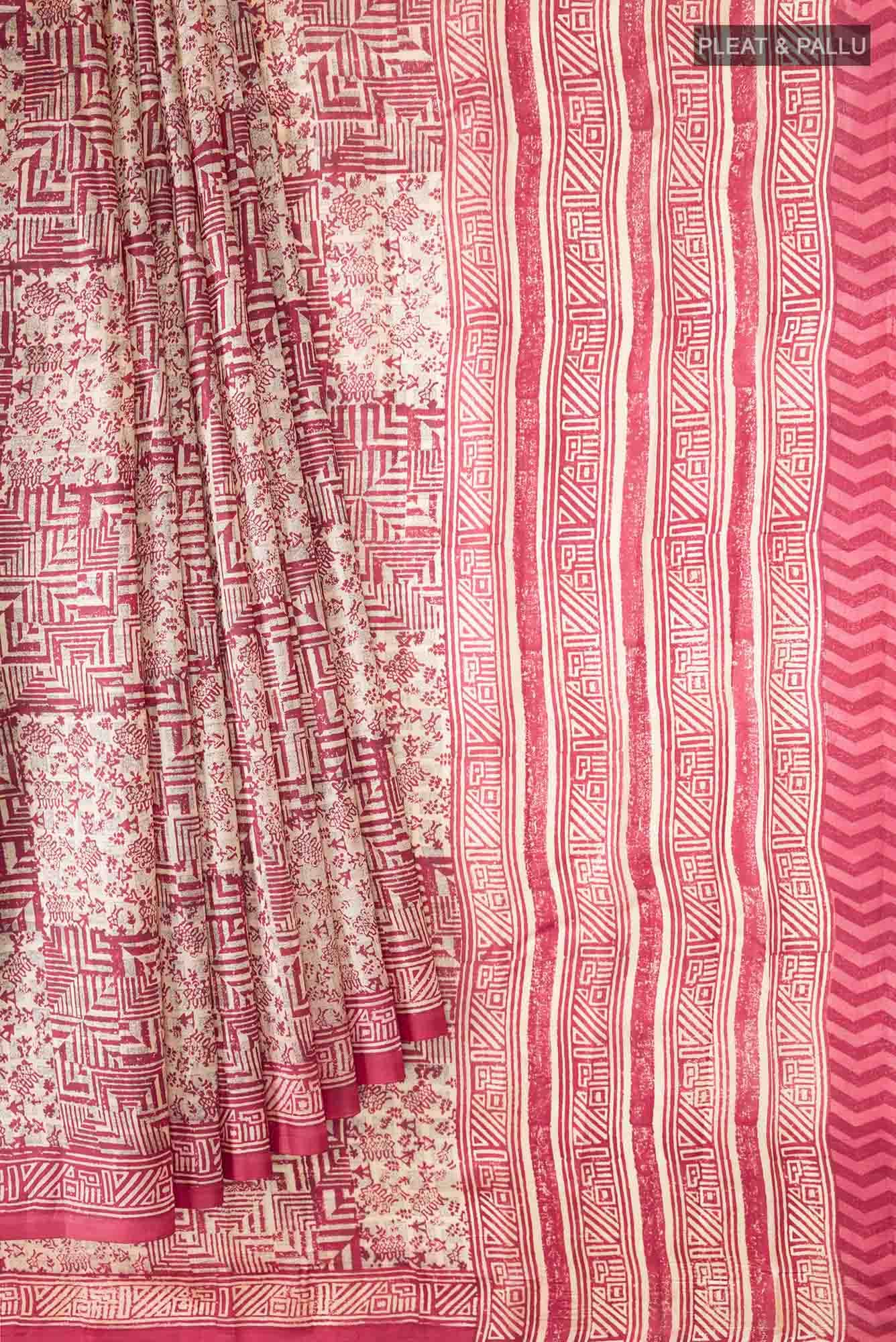 Cream Printed Silk Saree