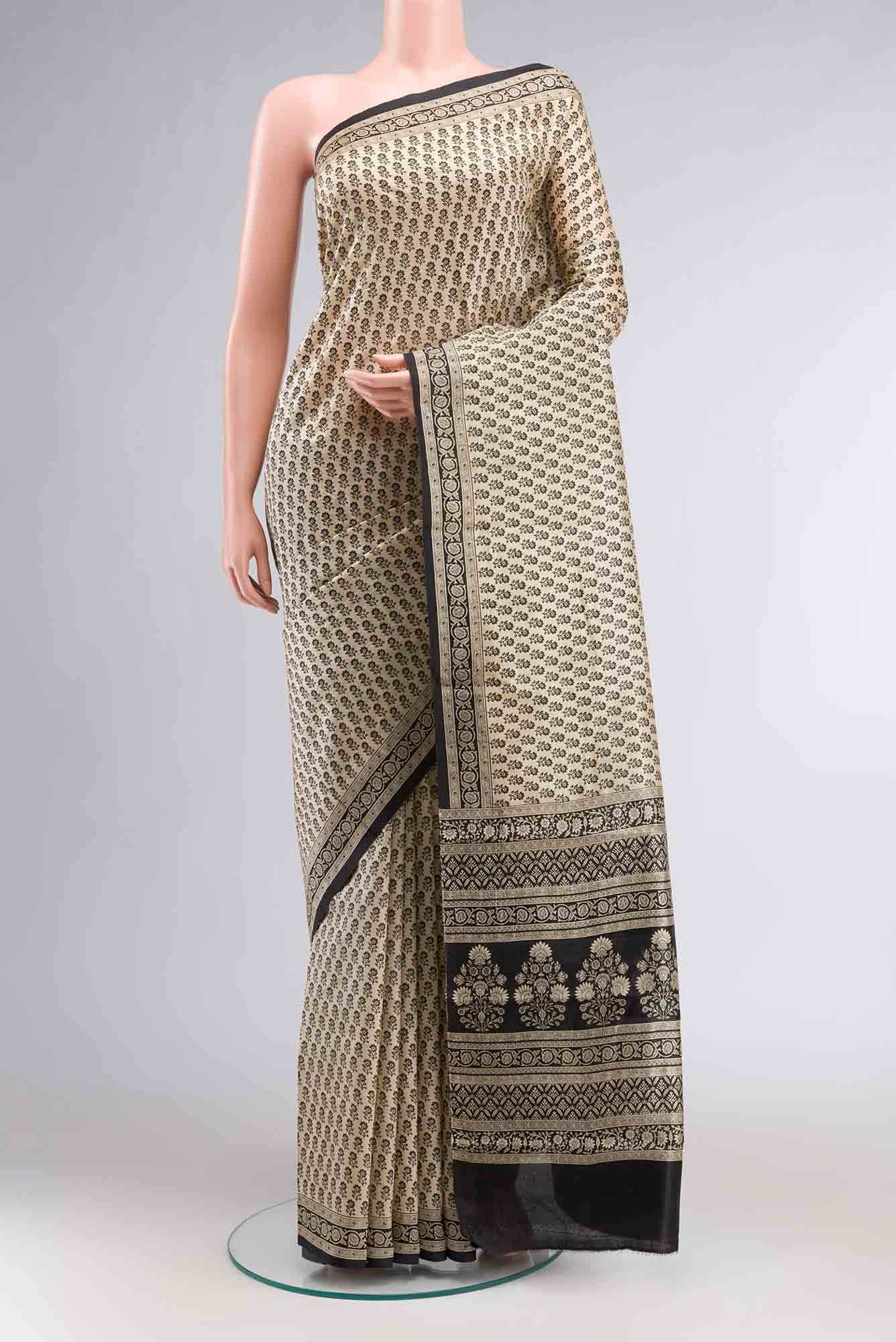 Beige Printed Silk Saree