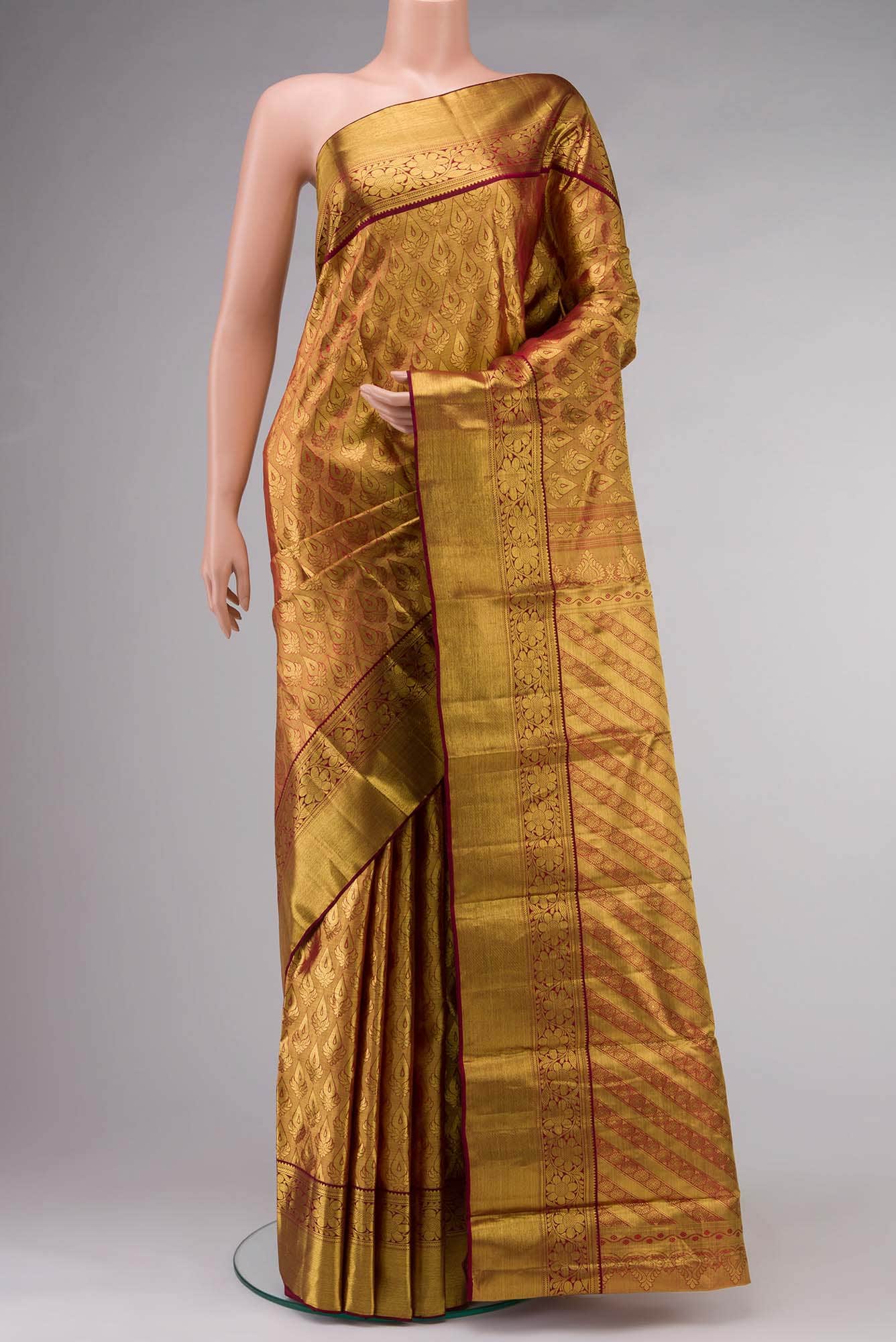 Gold with Maroon Dual Tone Kanchipuram Tissue Silk Saree
