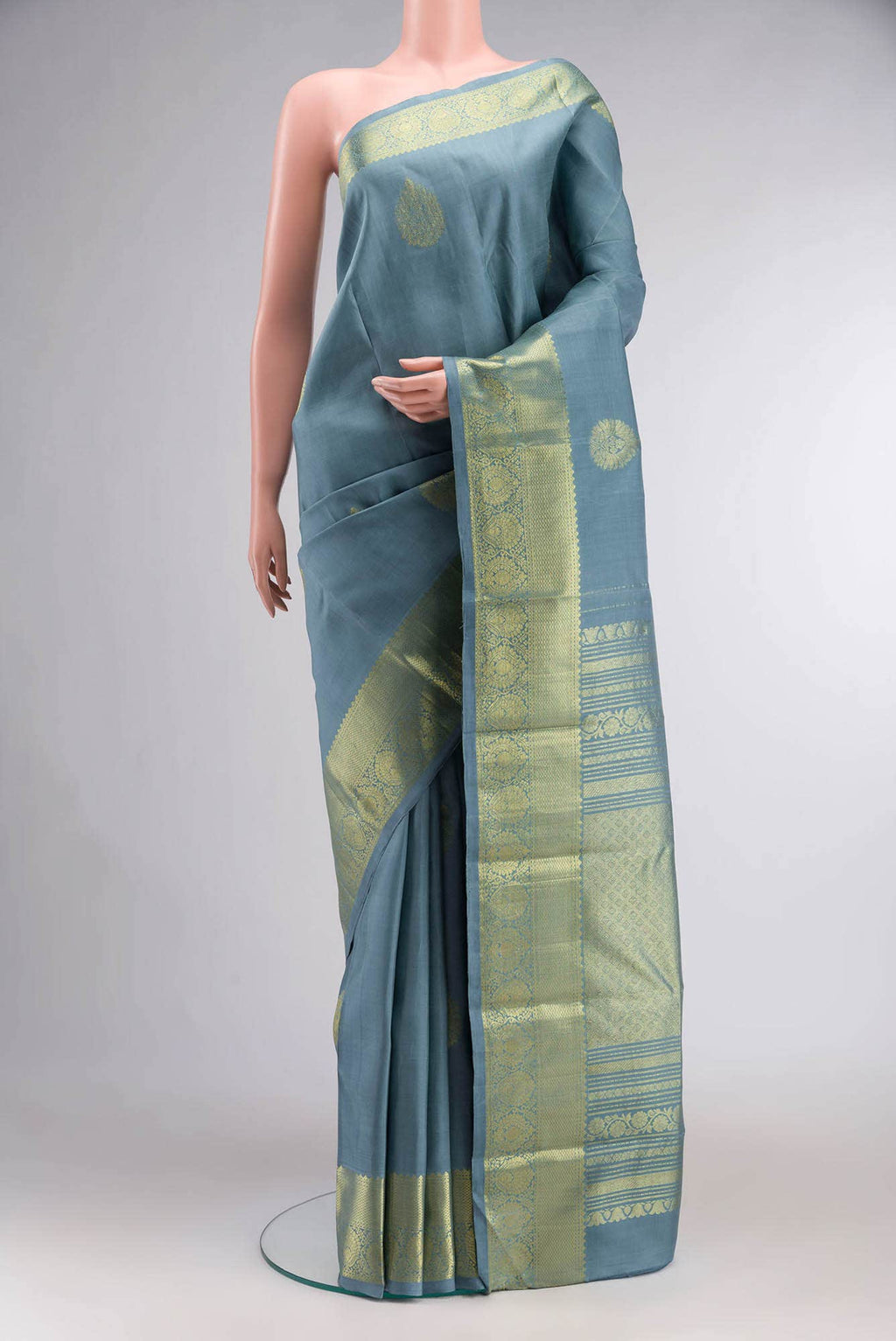 Blue Grey Kanchipuram Silk Saree