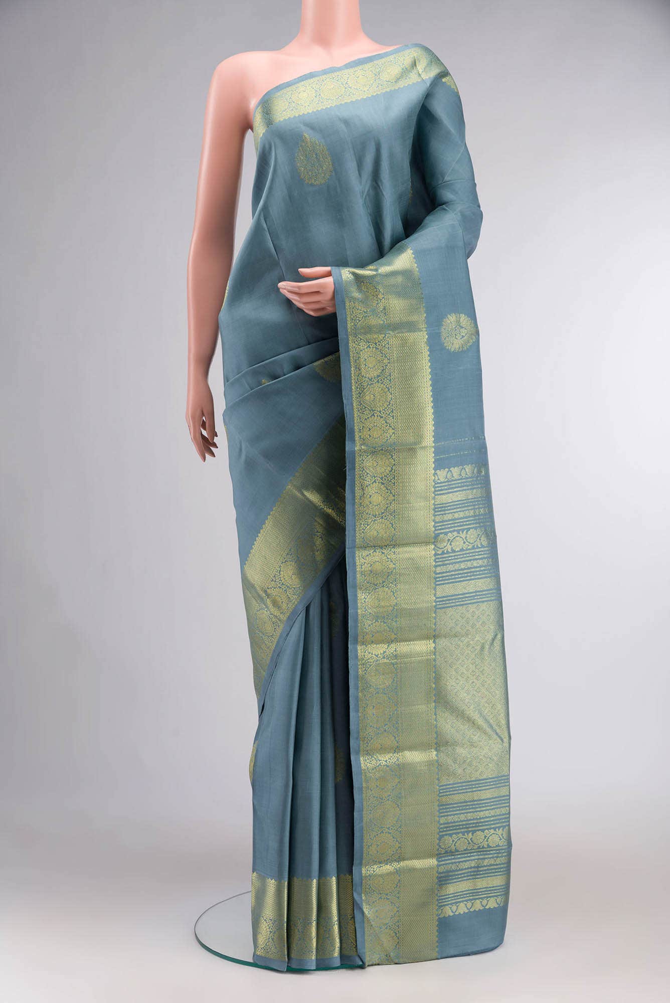Blue Grey Kanchipuram Silk Saree