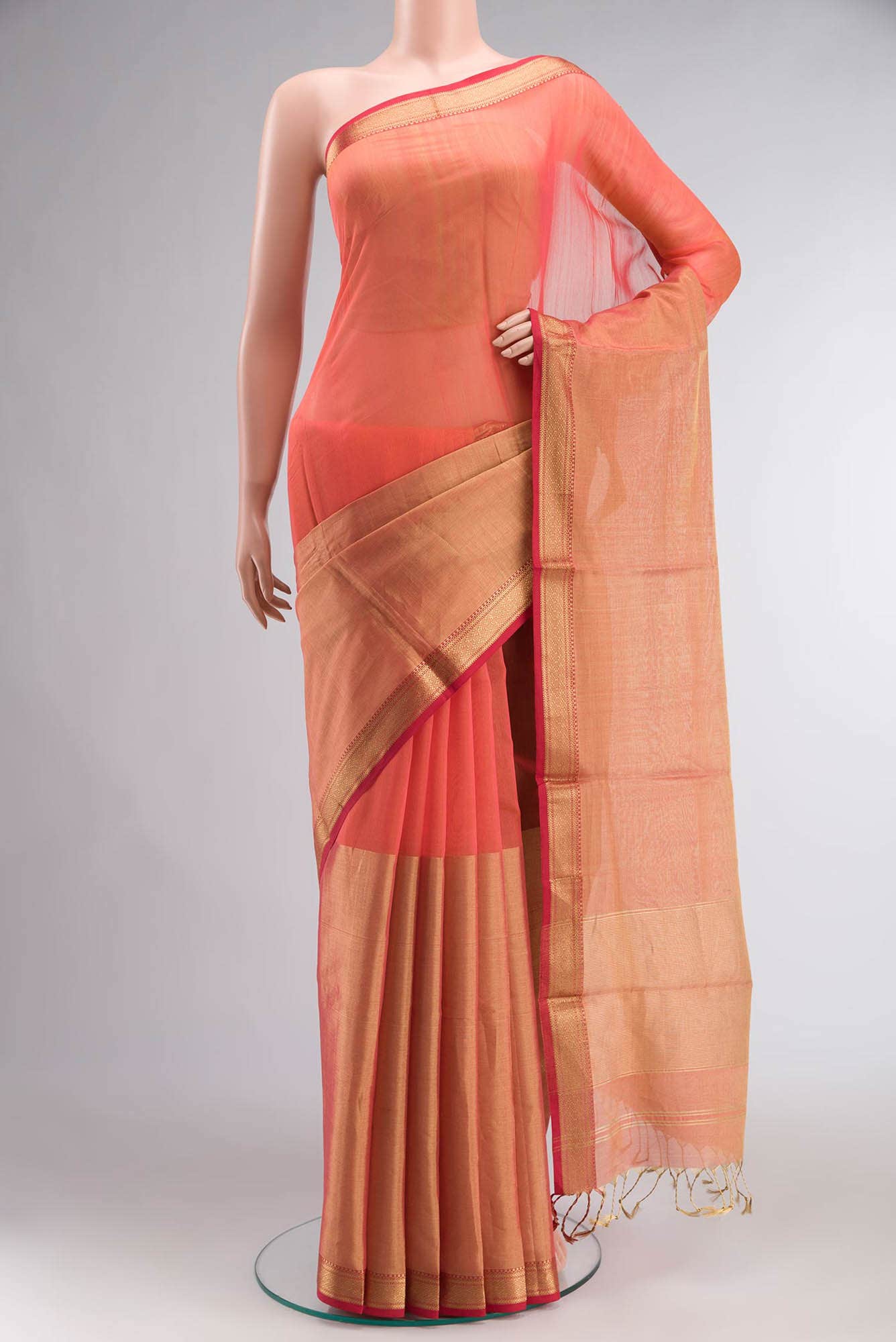 Pink with yellow Dual Tone Maheshwari Silk Cotton Saree