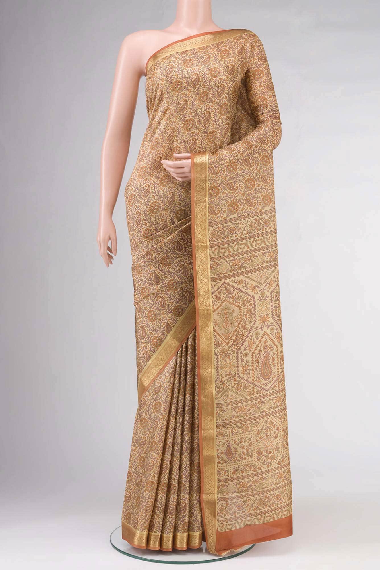 Beige Printed Silk Saree