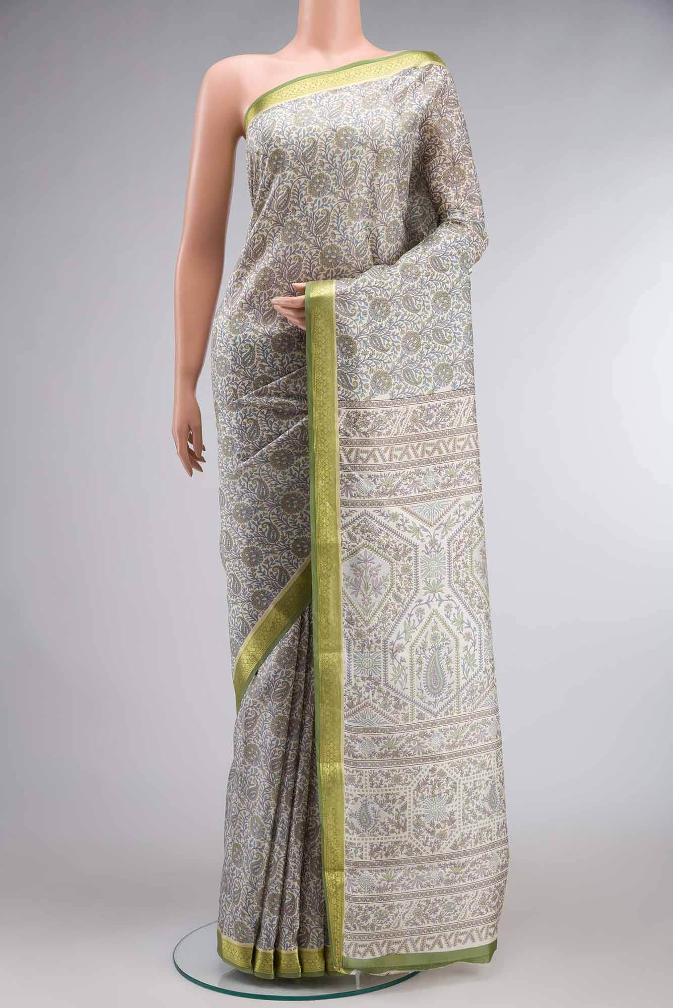 Cream Printed Silk Saree