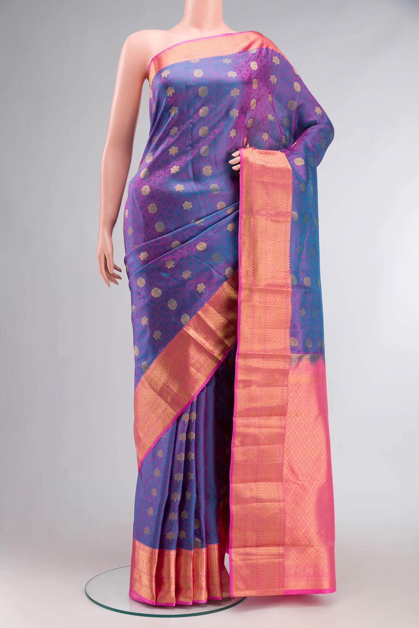 Blue & Pink Dual Tone Kanchipuram Silk Saree