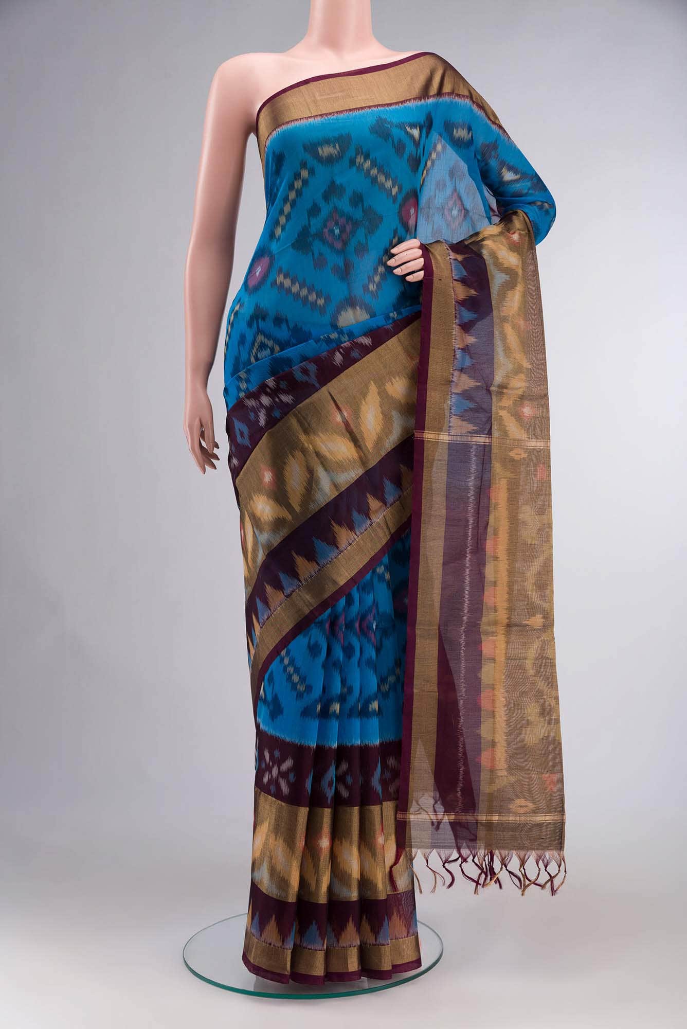 Brown and Blue Dual Tone Silk Cotton Saree