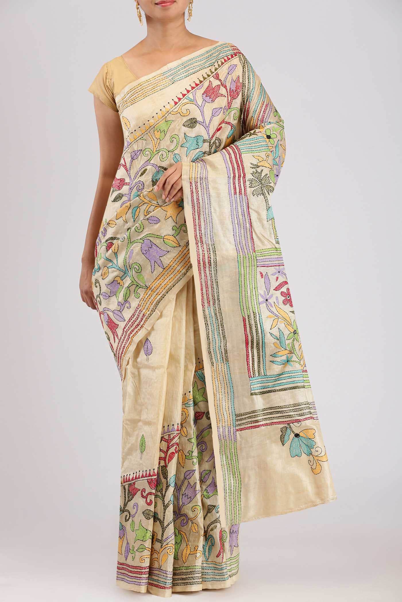 Cream Tussar Silk Saree