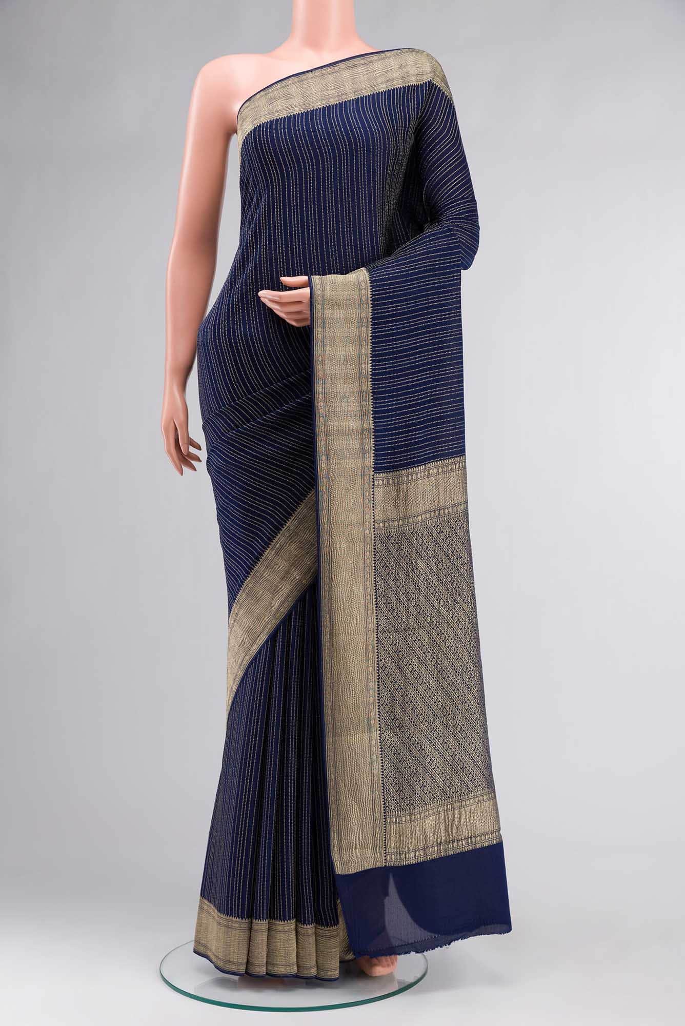 Navy Blue Mysore Crepe Saree