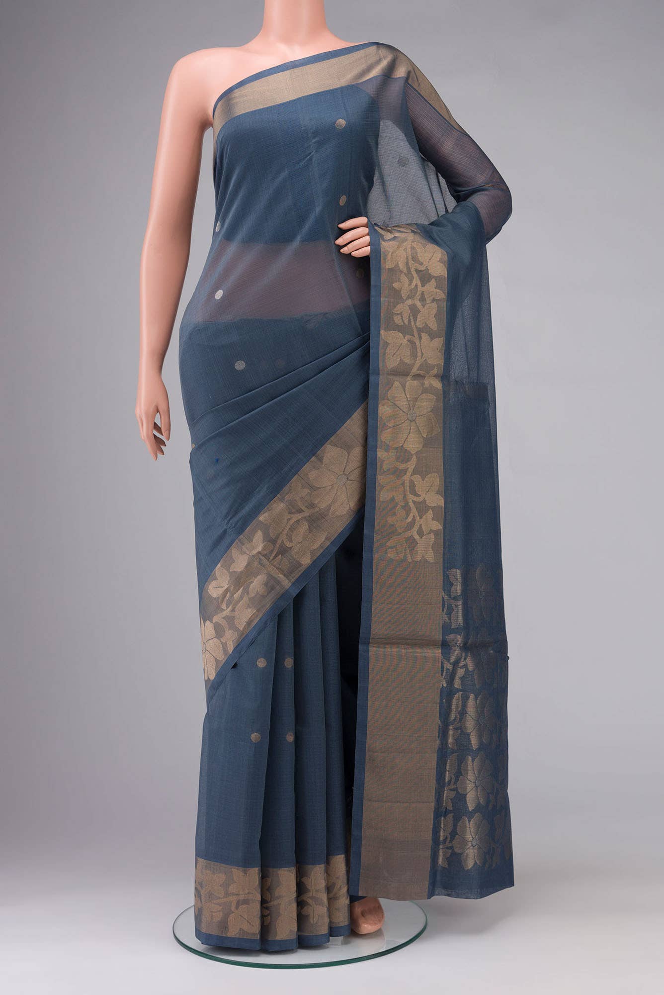 Blue Grey Silk Cotton Saree