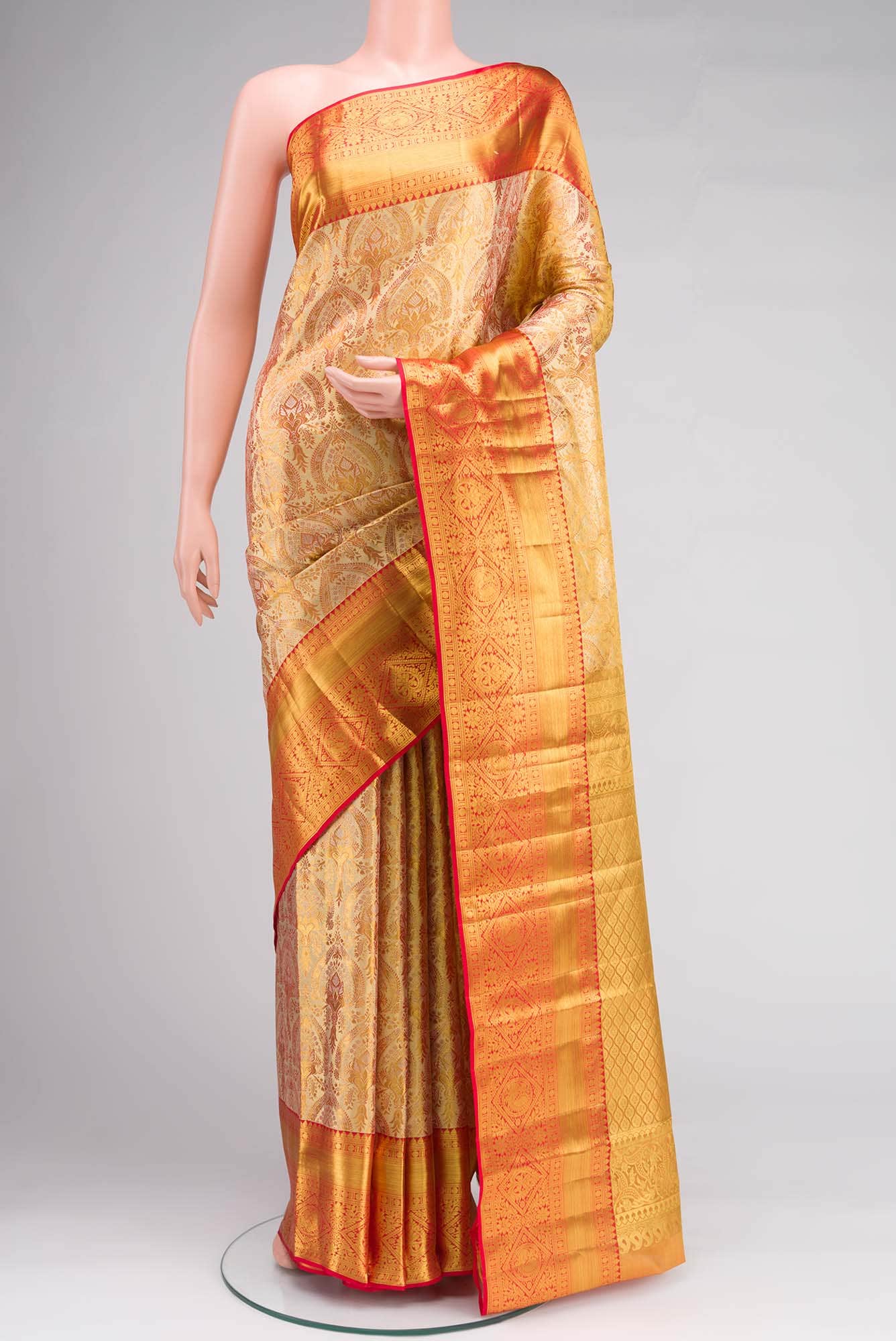 Gold with Red Dual Tone Kanchipuram Tissue Silk Saree