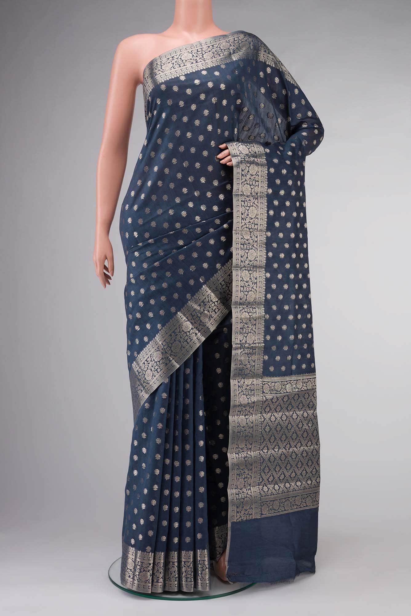 Blue Grey Banarasi Raw Silk Saree