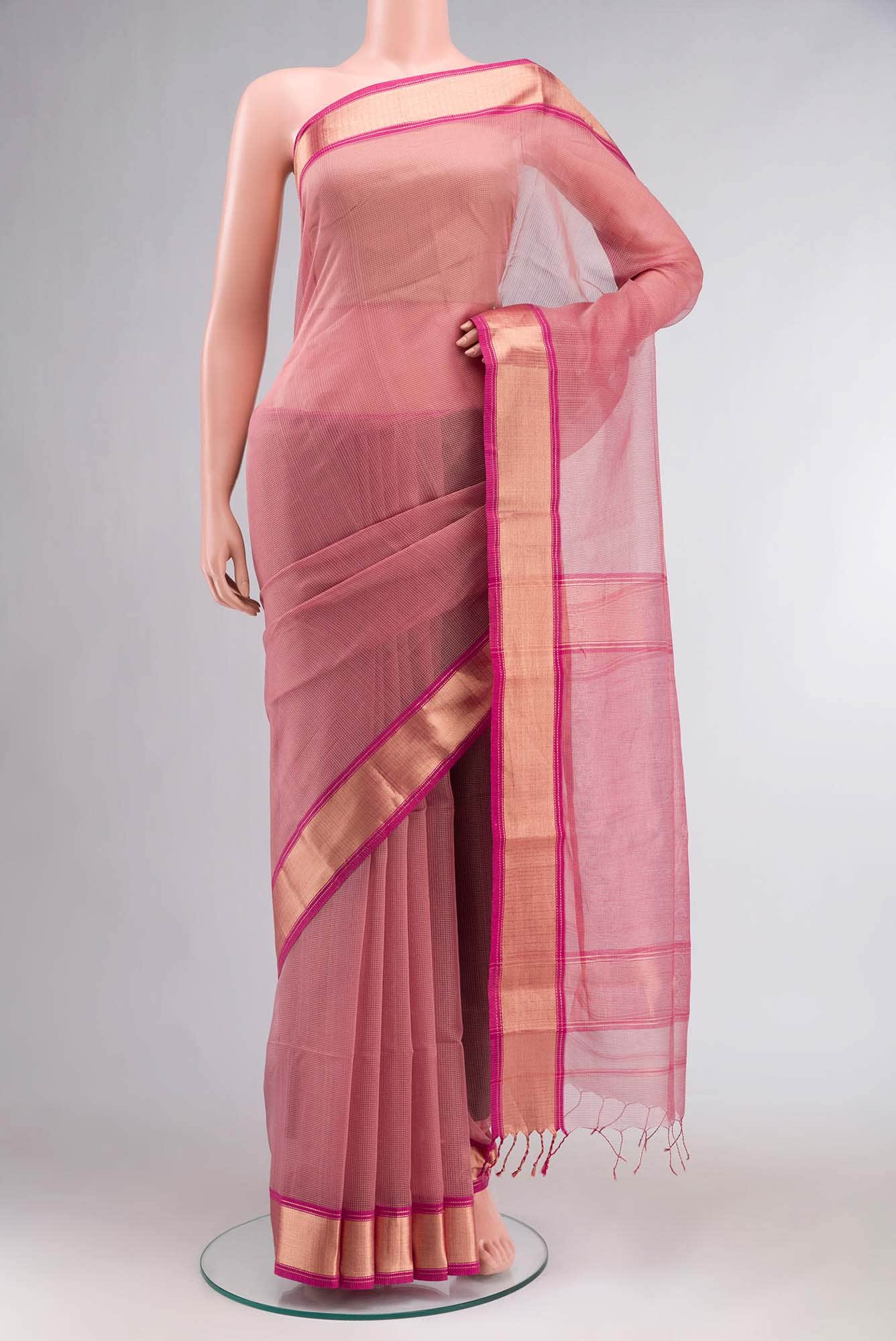 Rose Gold Maheshwari Silk Cotton Saree