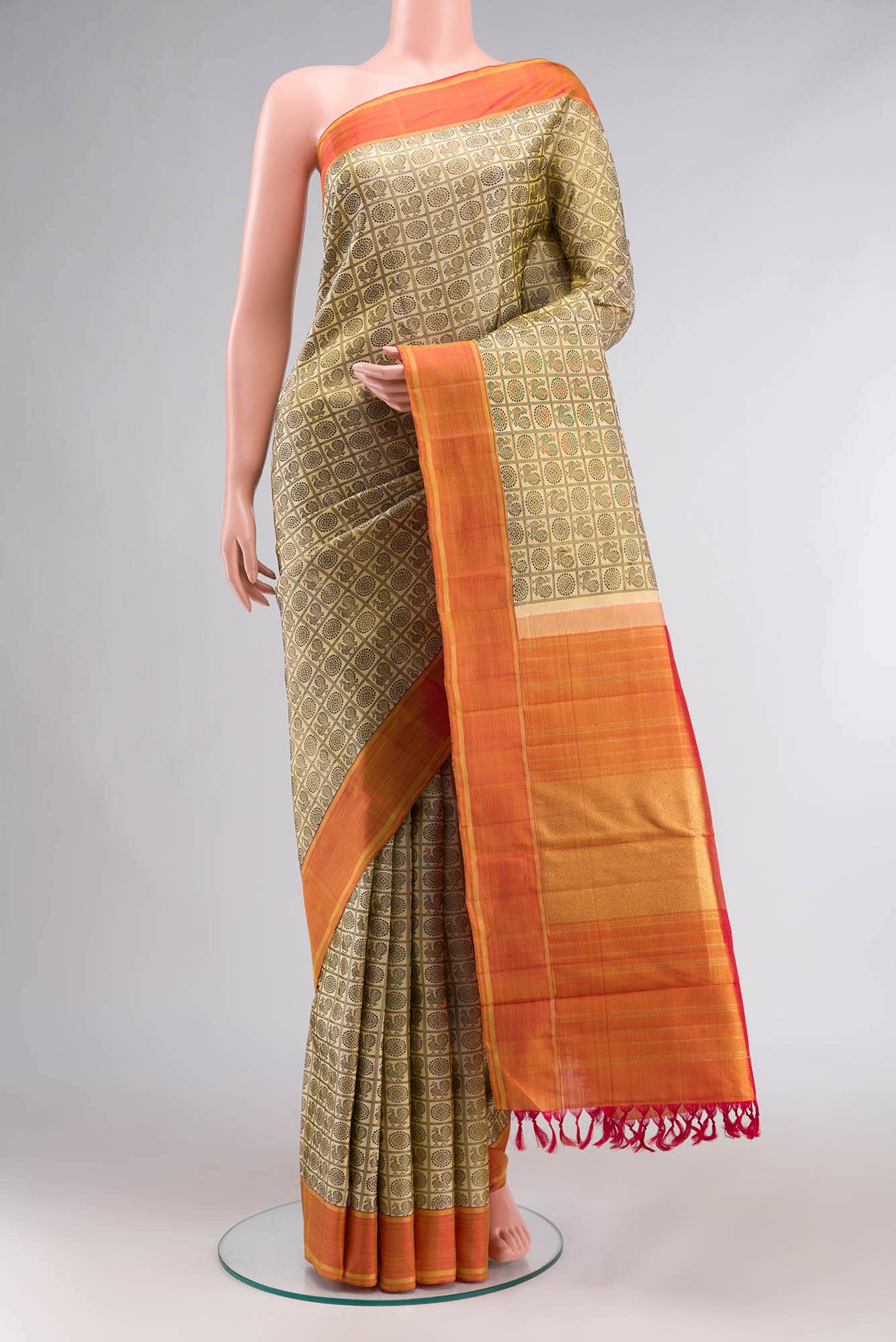 Pure Silk Pure Zari Beige with Yellow Dual Tone Kanchipuram Saree