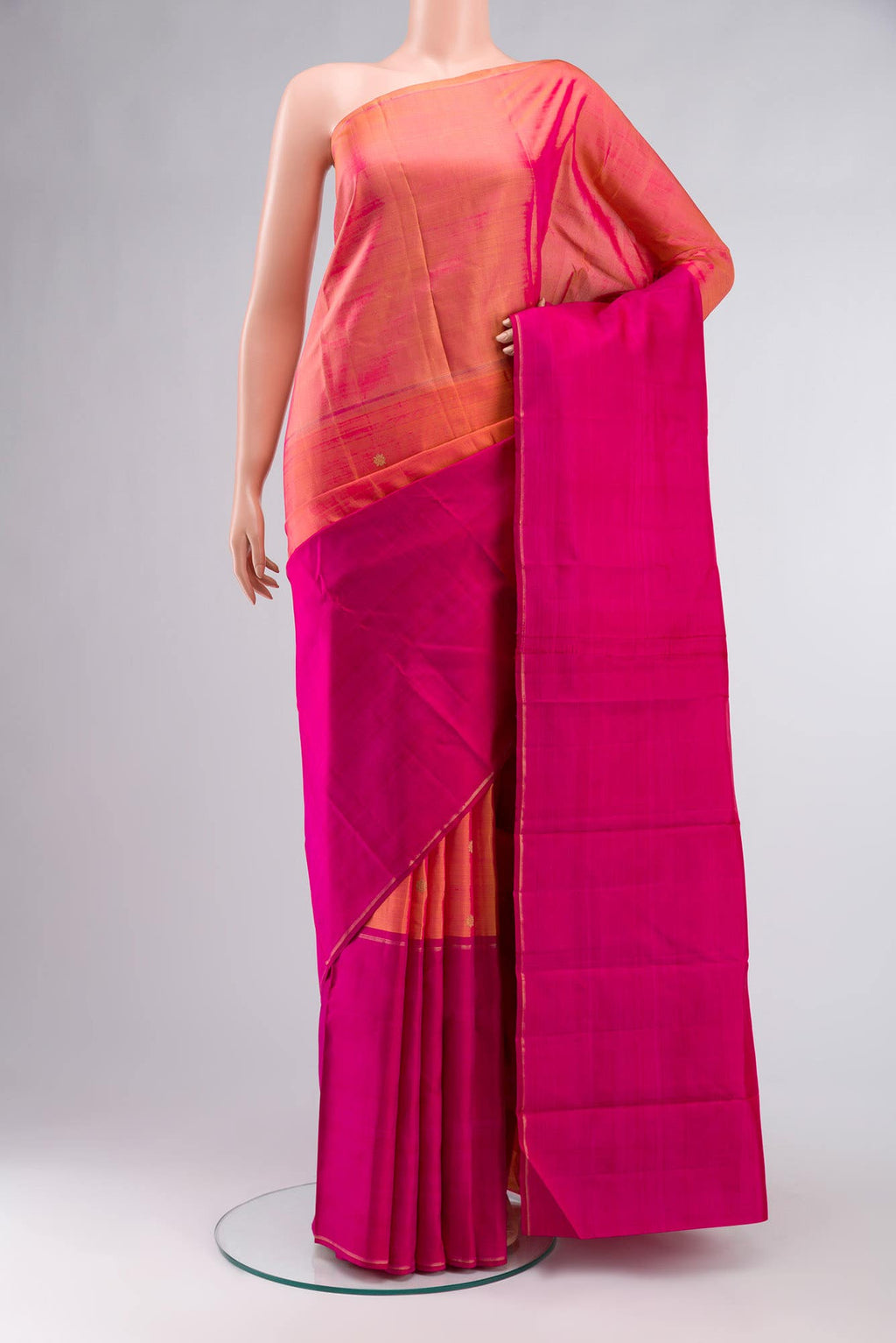 Pure Silk Pure Zari Pink with Orange Dual Tone Kanchipuram Saree