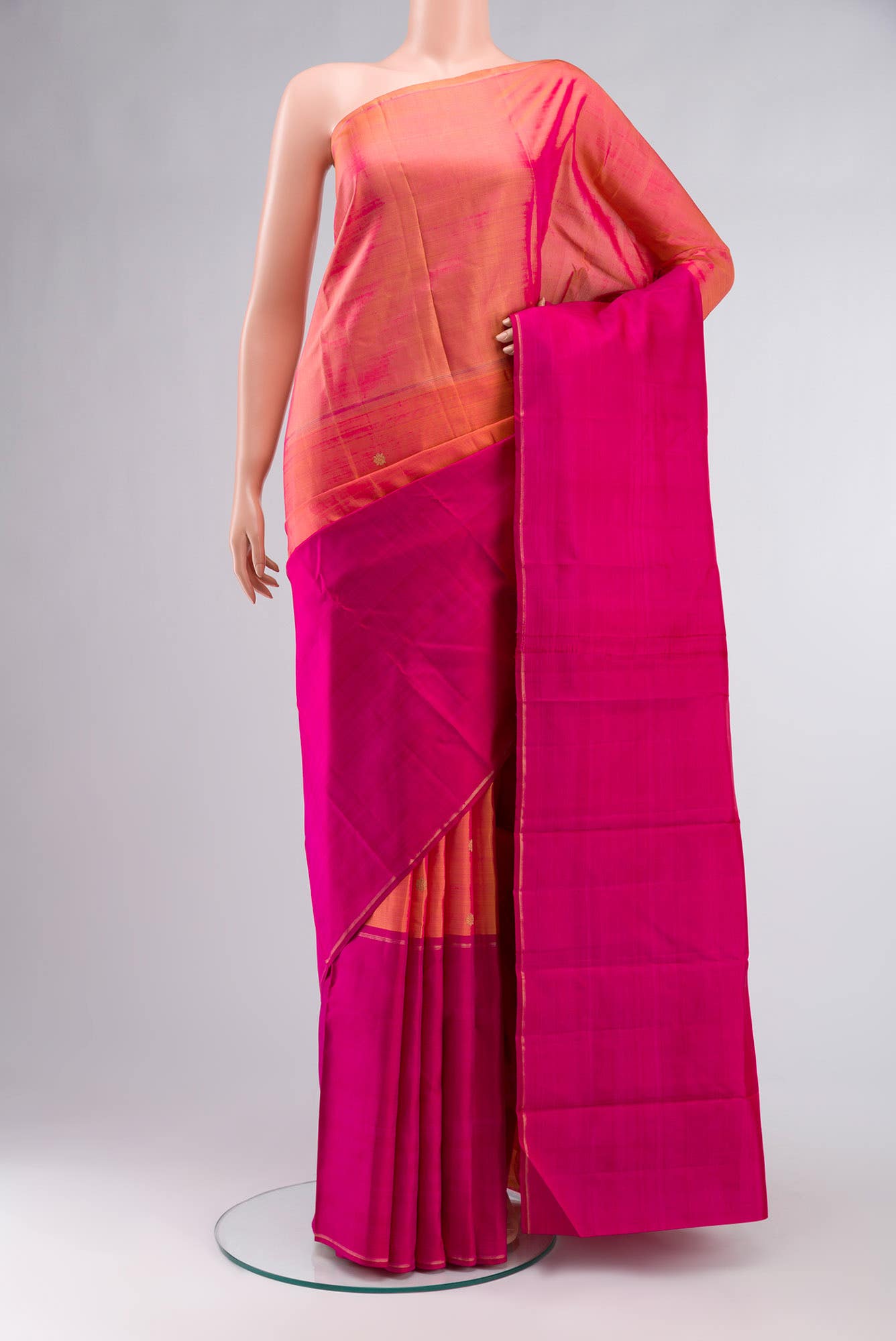 Pure Silk Pure Zari Pink with Orange Dual Tone Kanchipuram Saree