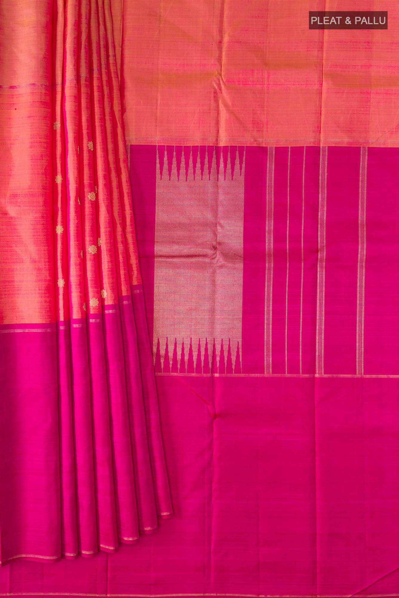 Pure Silk Pure Zari Pink with Orange Dual Tone Kanchipuram Saree