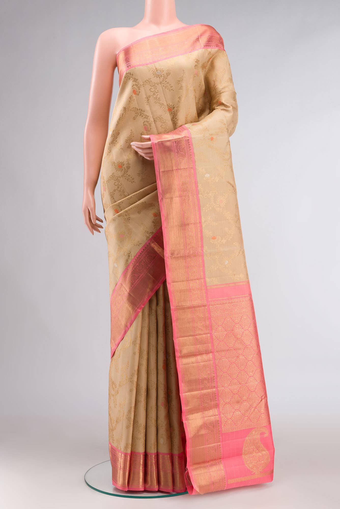 Pure Silk Pure Zari Beige Kanchipuram Saree