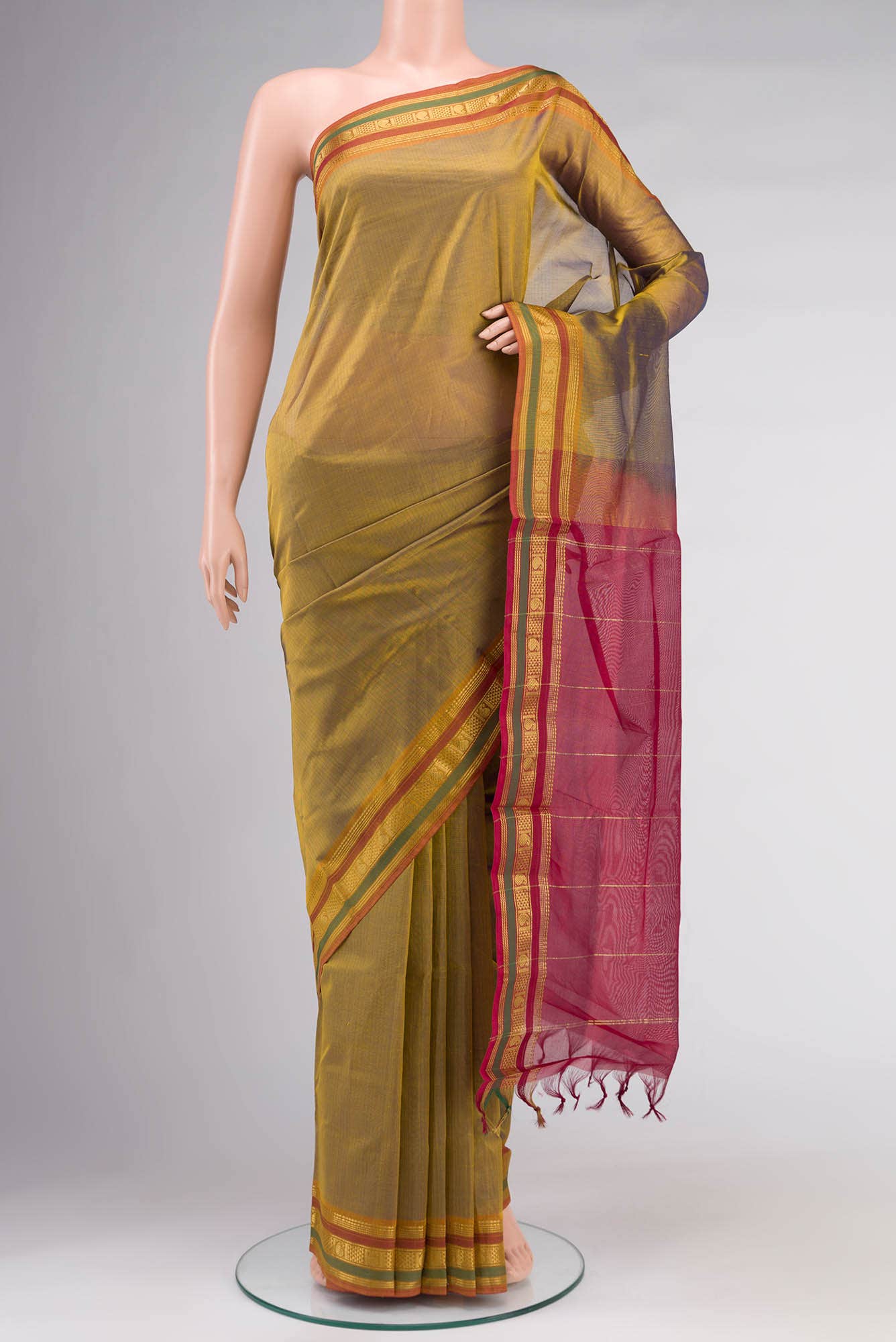 Yellow with Purple Dual Tone Silk Cotton Saree