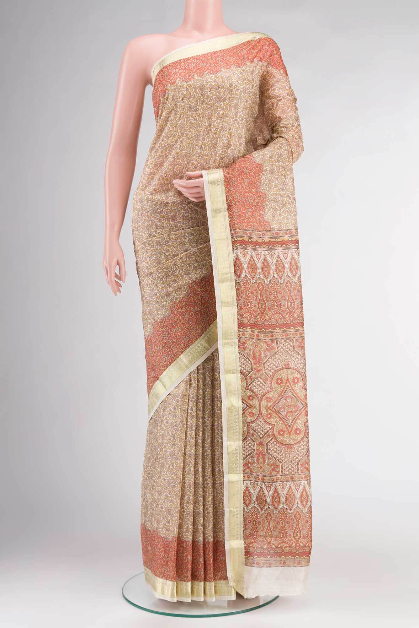 Cream Printed Silk Saree