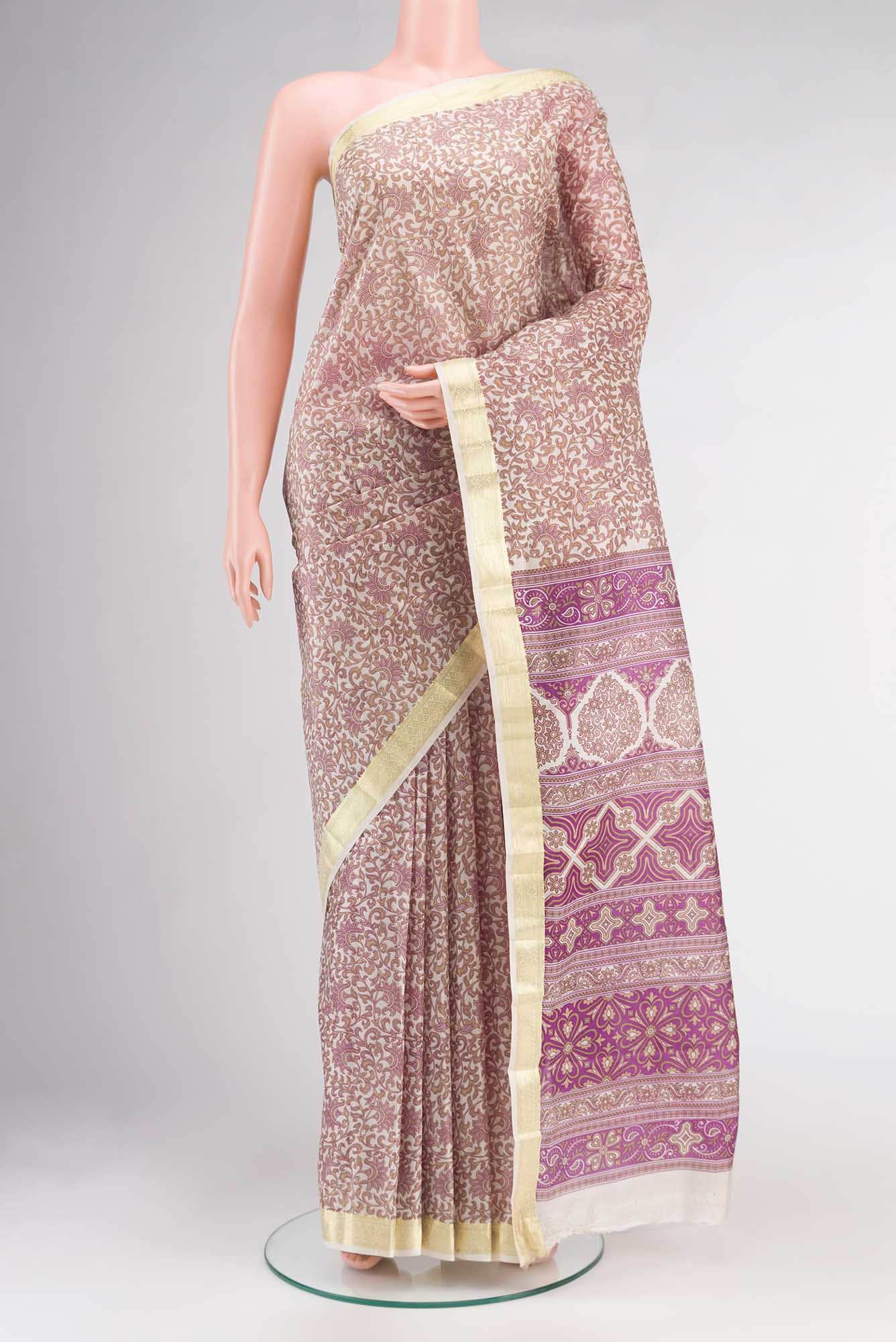 Cream Printed Silk Saree