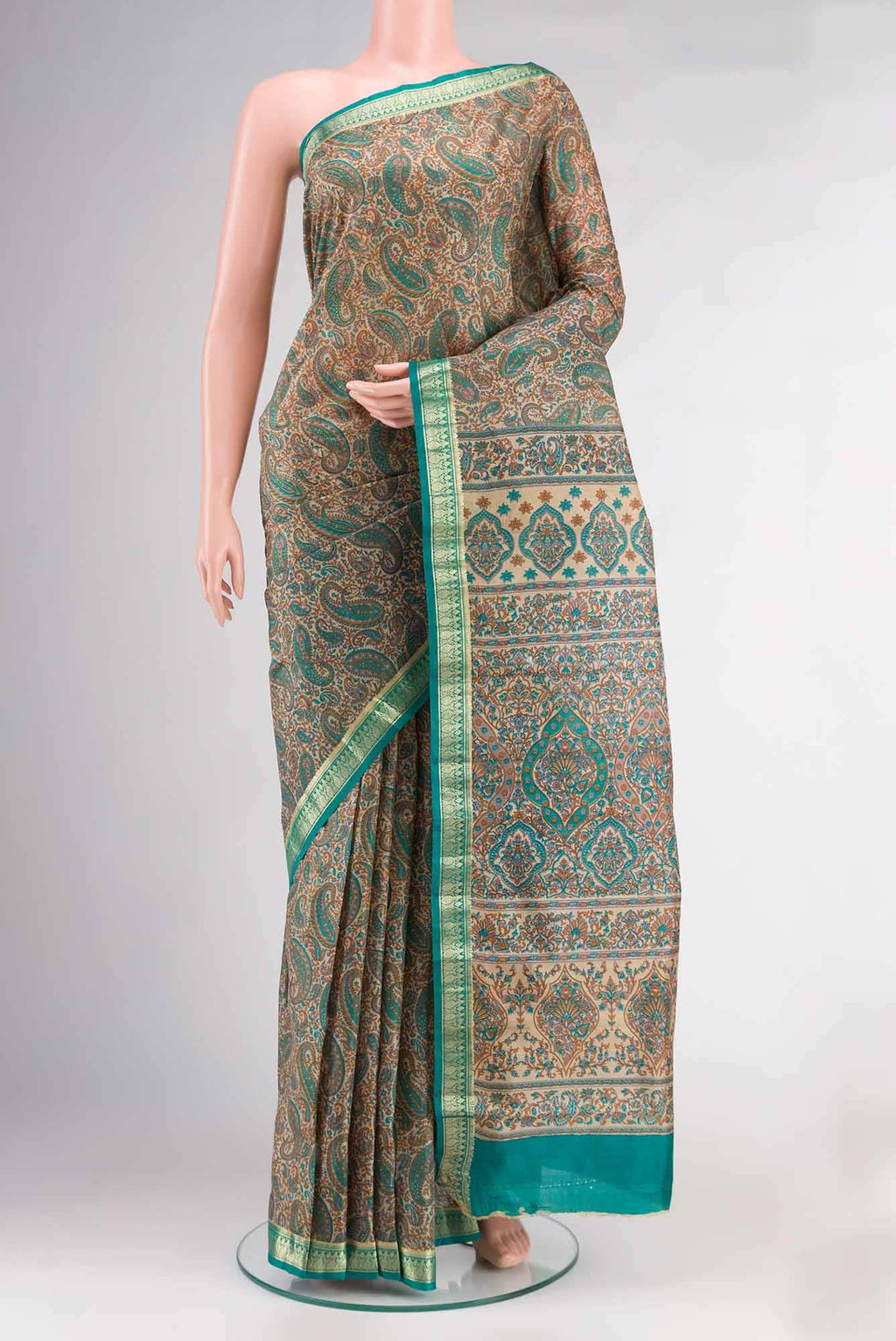 Beige Printed Silk Saree