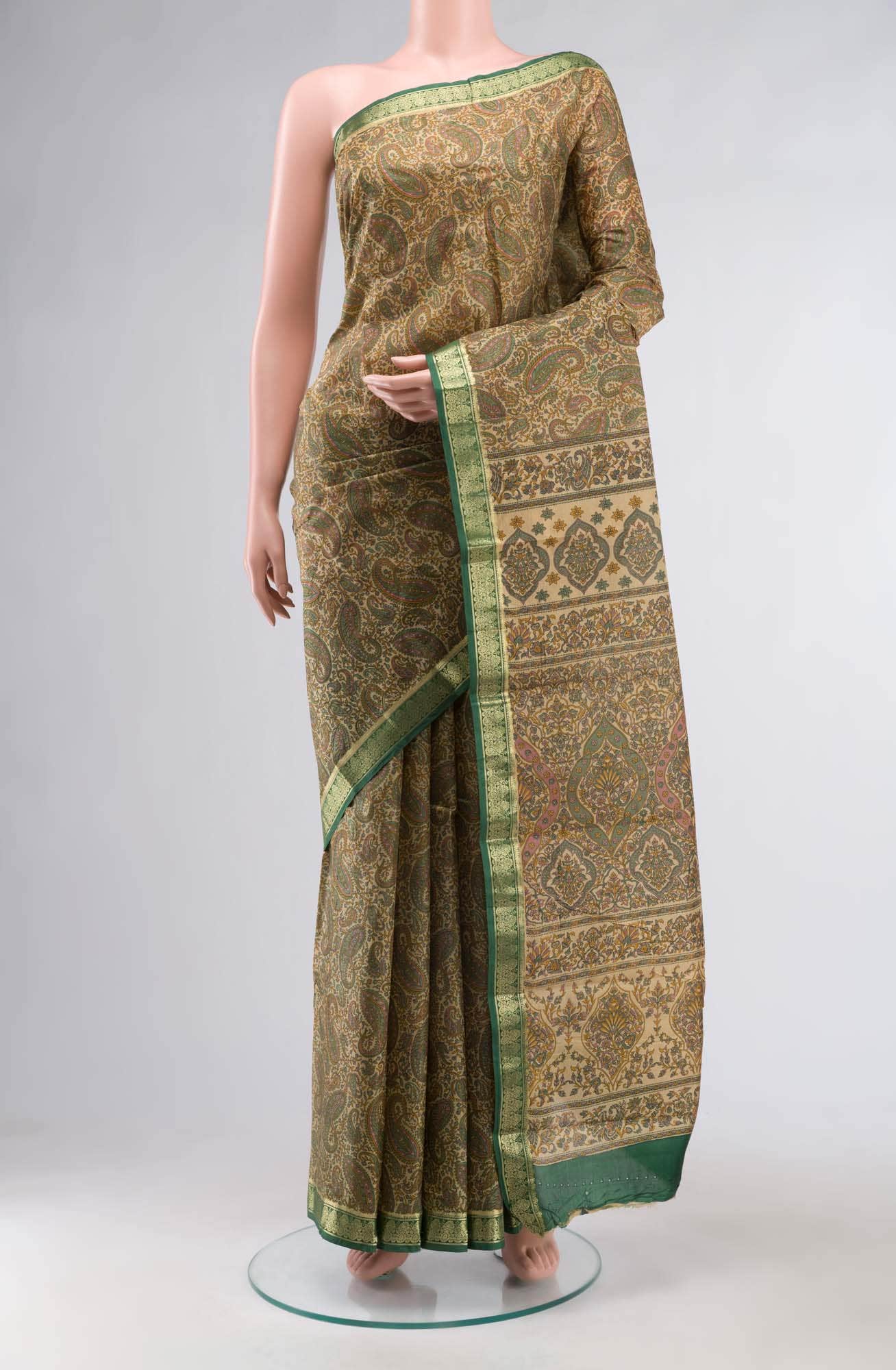 Beige Printed Silk Saree
