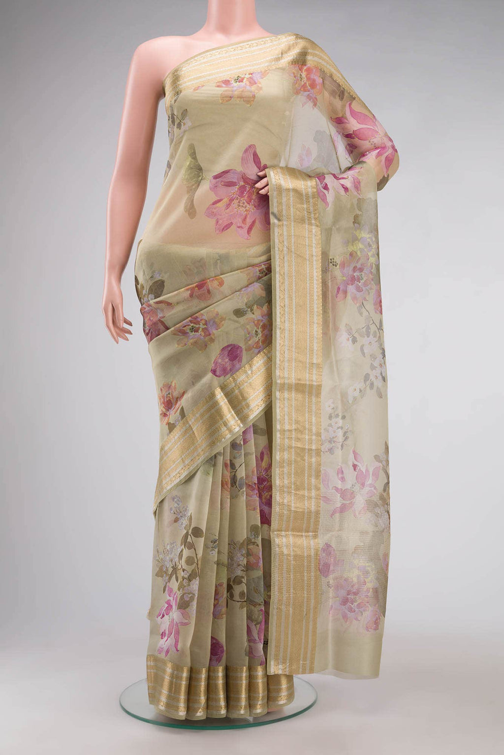 Beige Organza Silk Saree