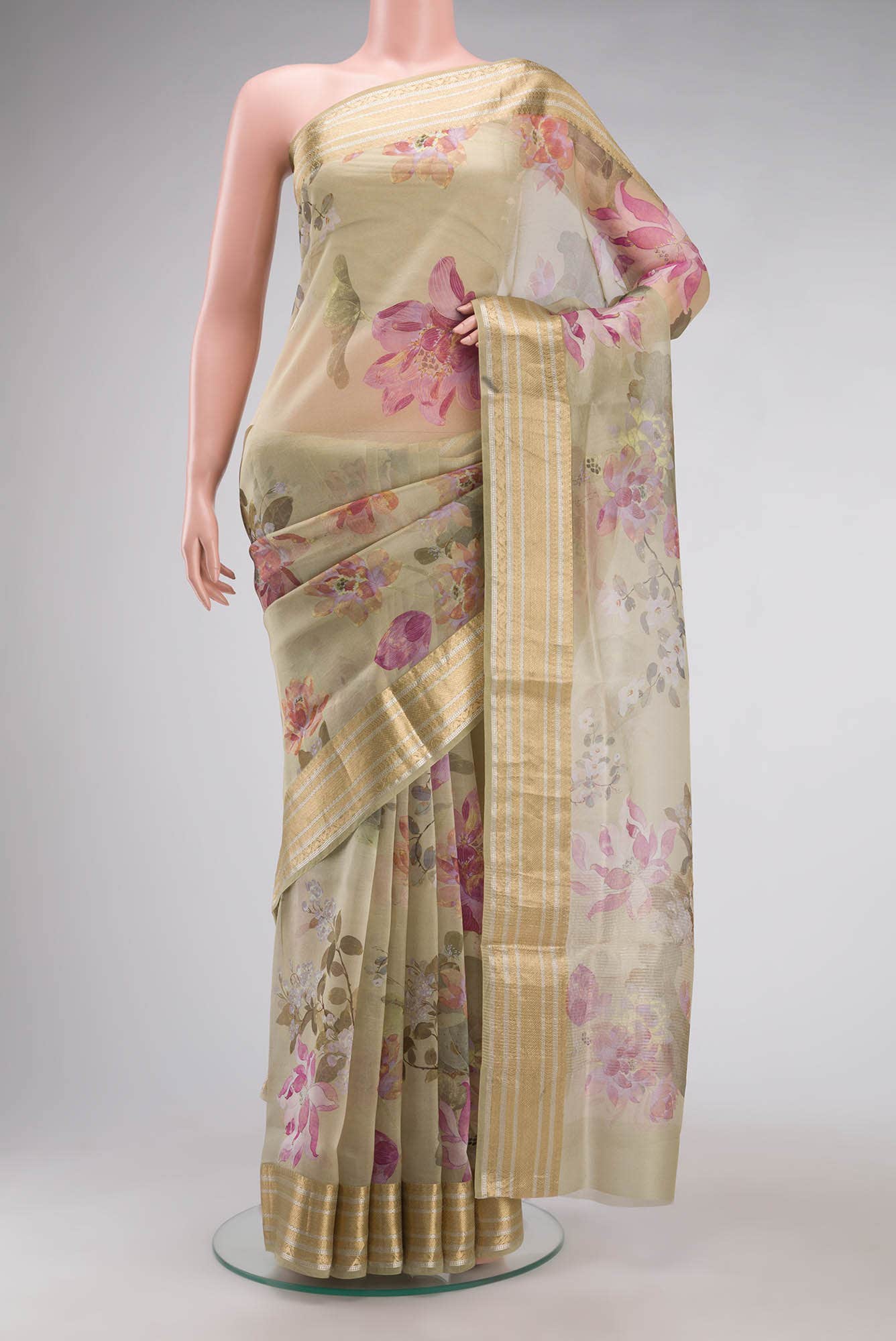 Beige Organza Silk Saree