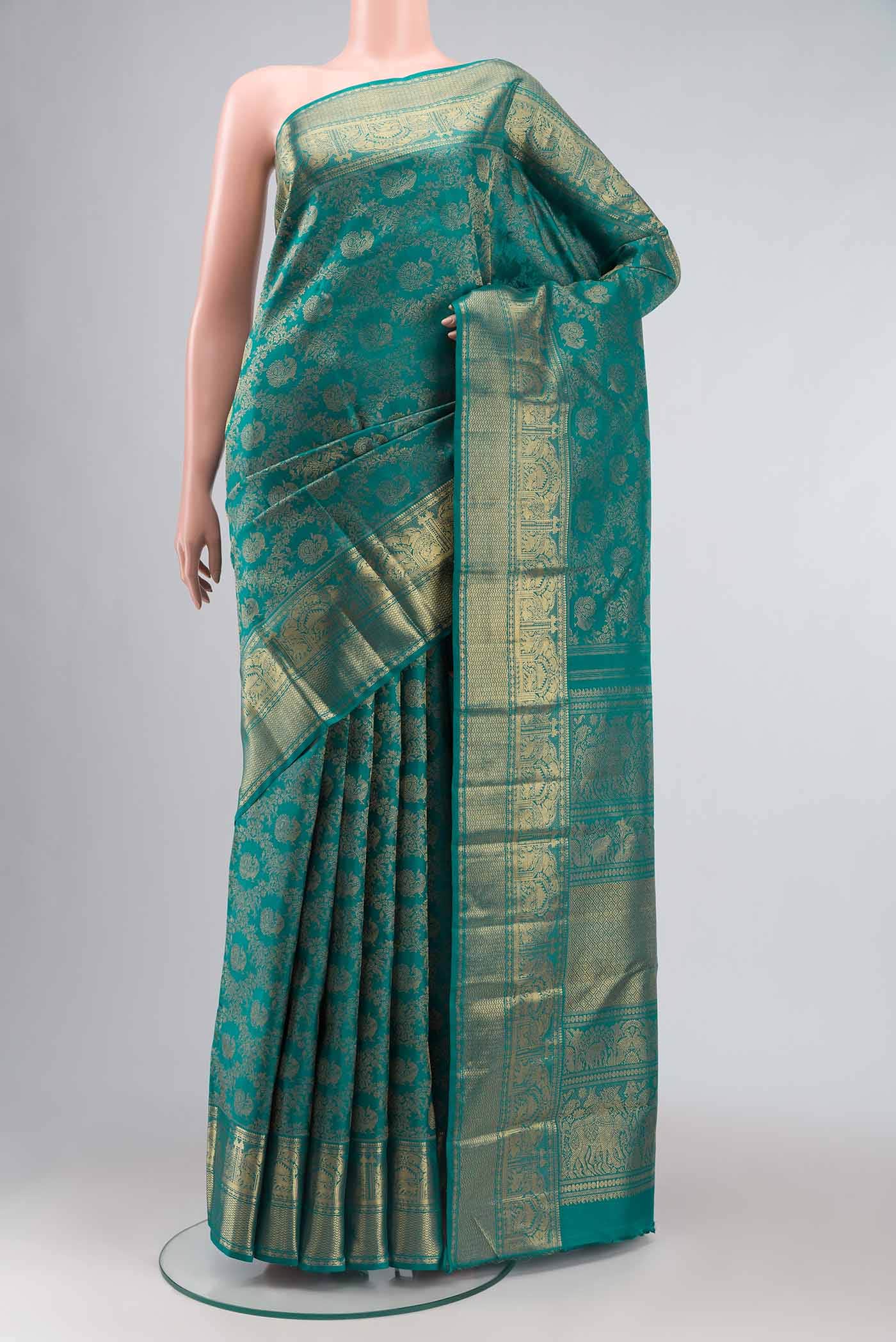Pure Silk Pure Zari Teal Kanjivaram Saree