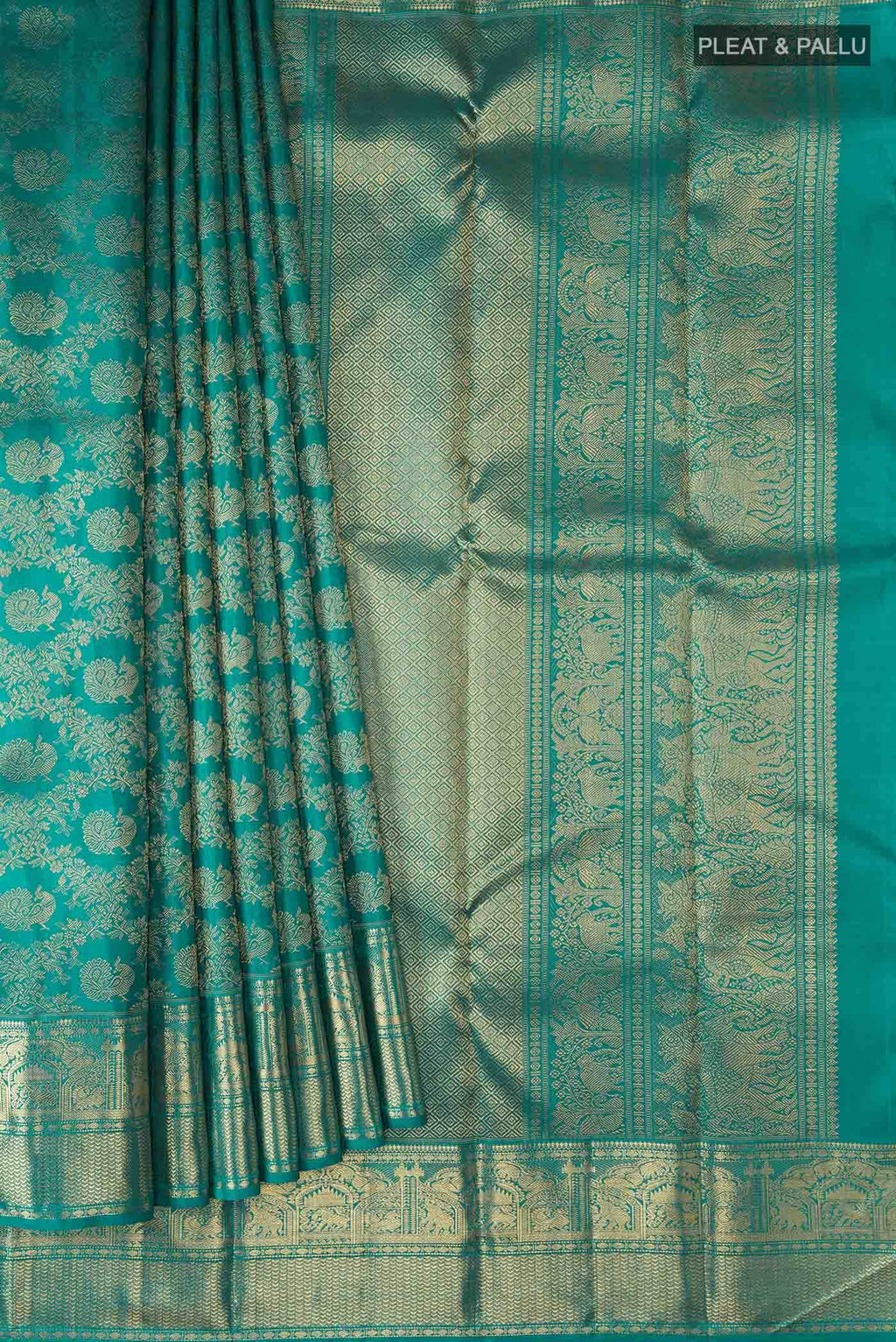 Pure Silk Pure Zari Teal Kanchipuram Saree