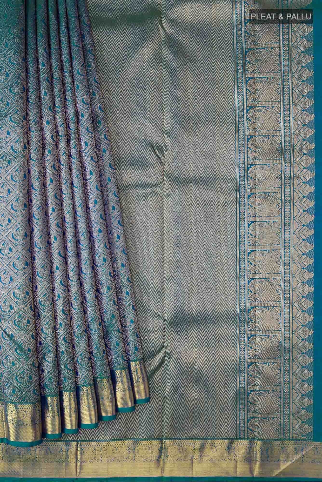 Pure Silk Pure Zari Blue with Green Dual Tone Kanchipuram Saree