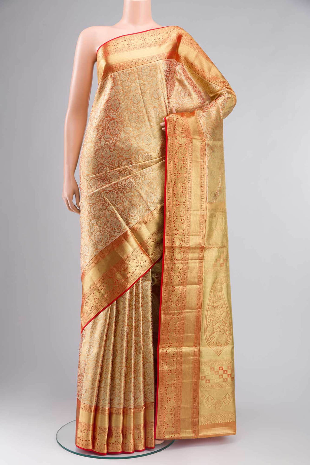Gold with Red Dual Tone Kanchipuram Tissue Silk Saree