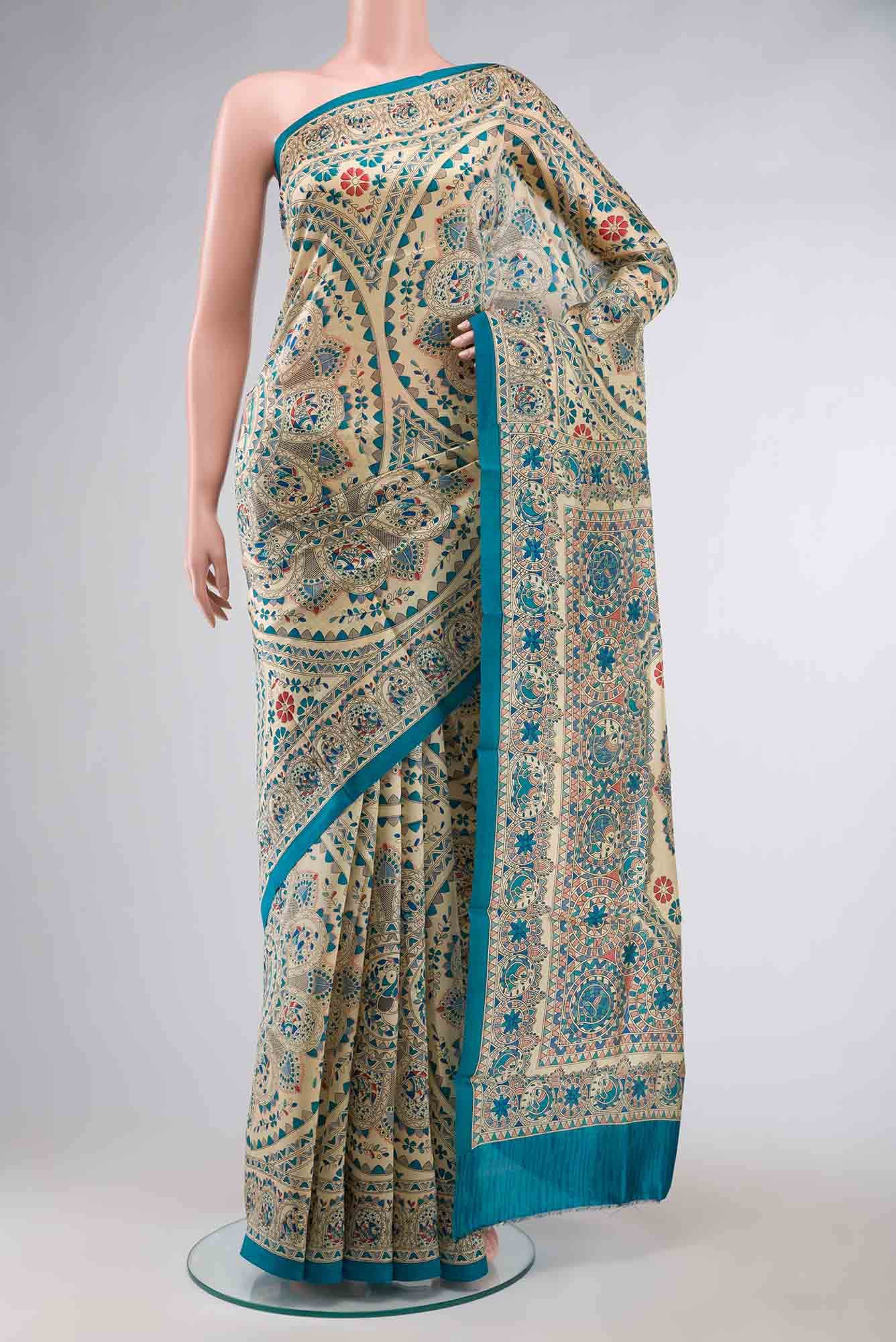 Beige Printed Silk Saree