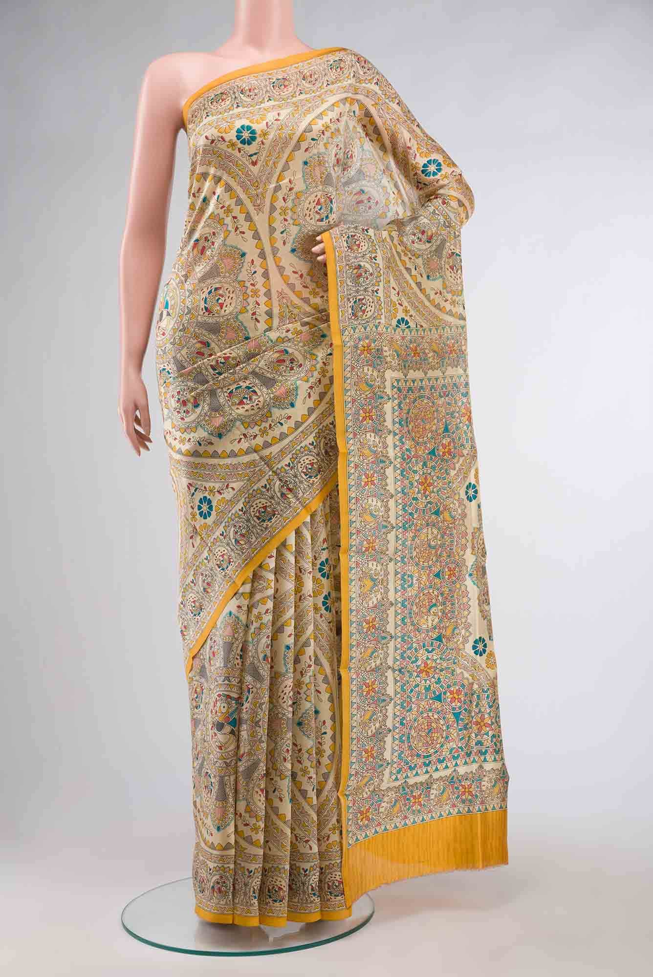 Beige Printed Silk Saree