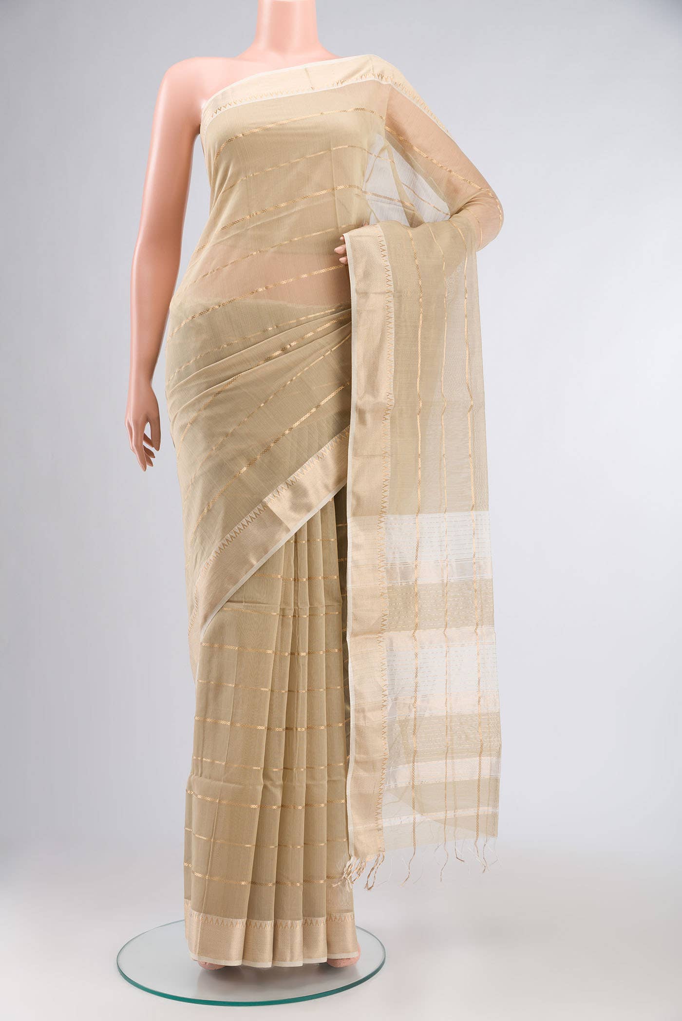 Beige Maheshwari Silk Cotton Saree